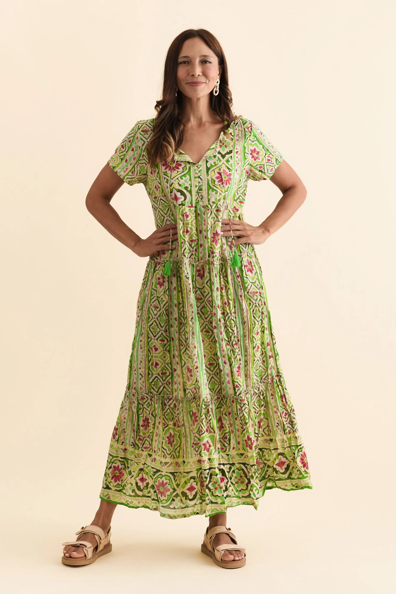 Nona Green Abstract Crinkle Cotton Maxi Dress - Image 2