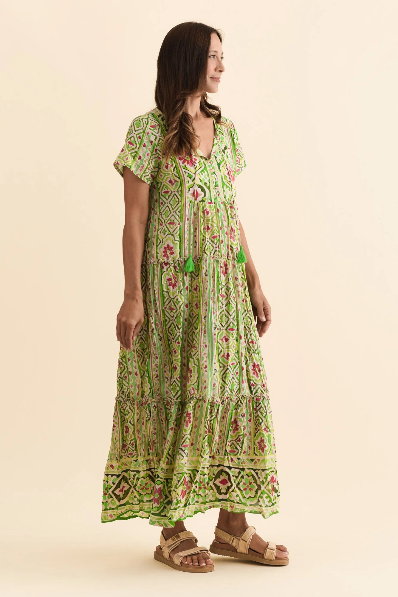 Nona Green Abstract Crinkle Cotton Maxi Dress - Image 3