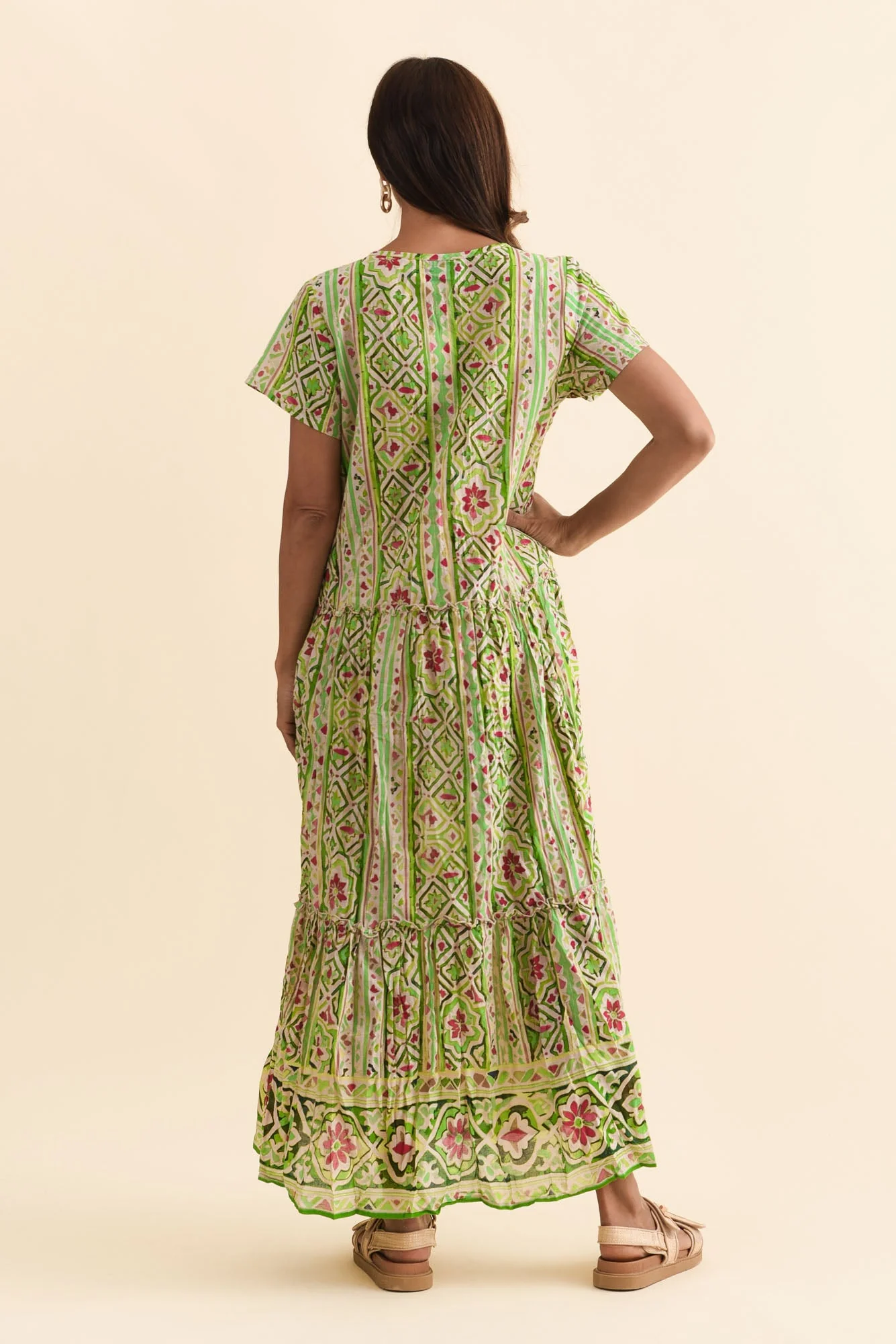 Nona Green Abstract Crinkle Cotton Maxi Dress - Image 4