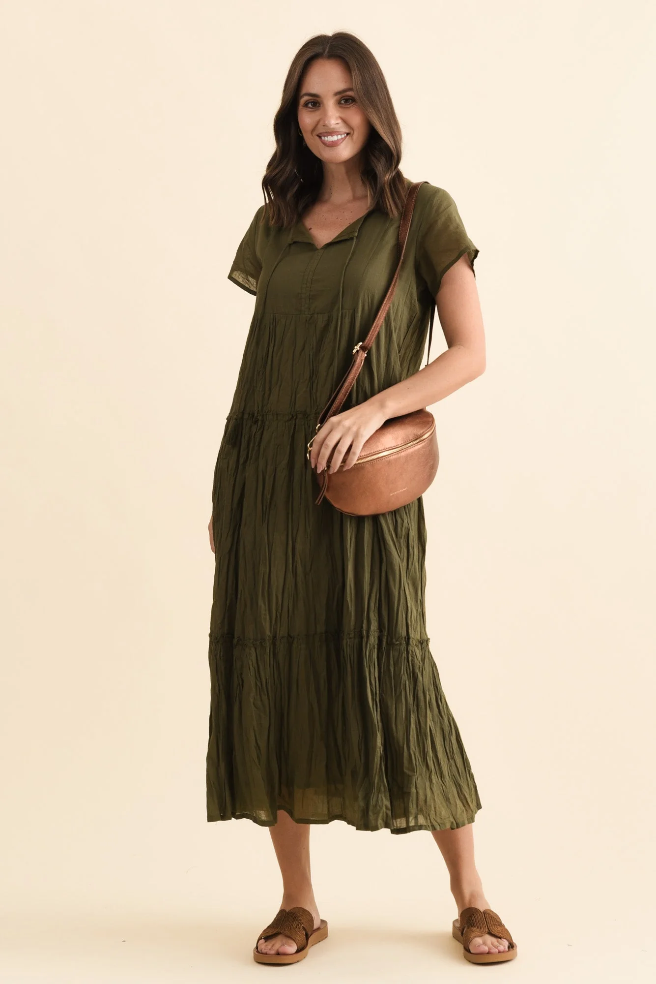 Nona Khaki Crinkle Cotton Maxi Dress