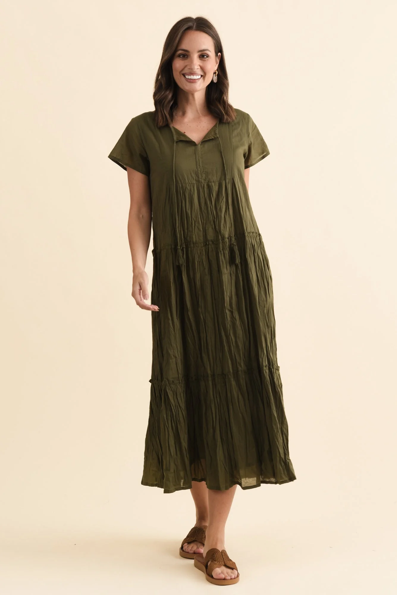 Nona Khaki Crinkle Cotton Maxi Dress - Image 2