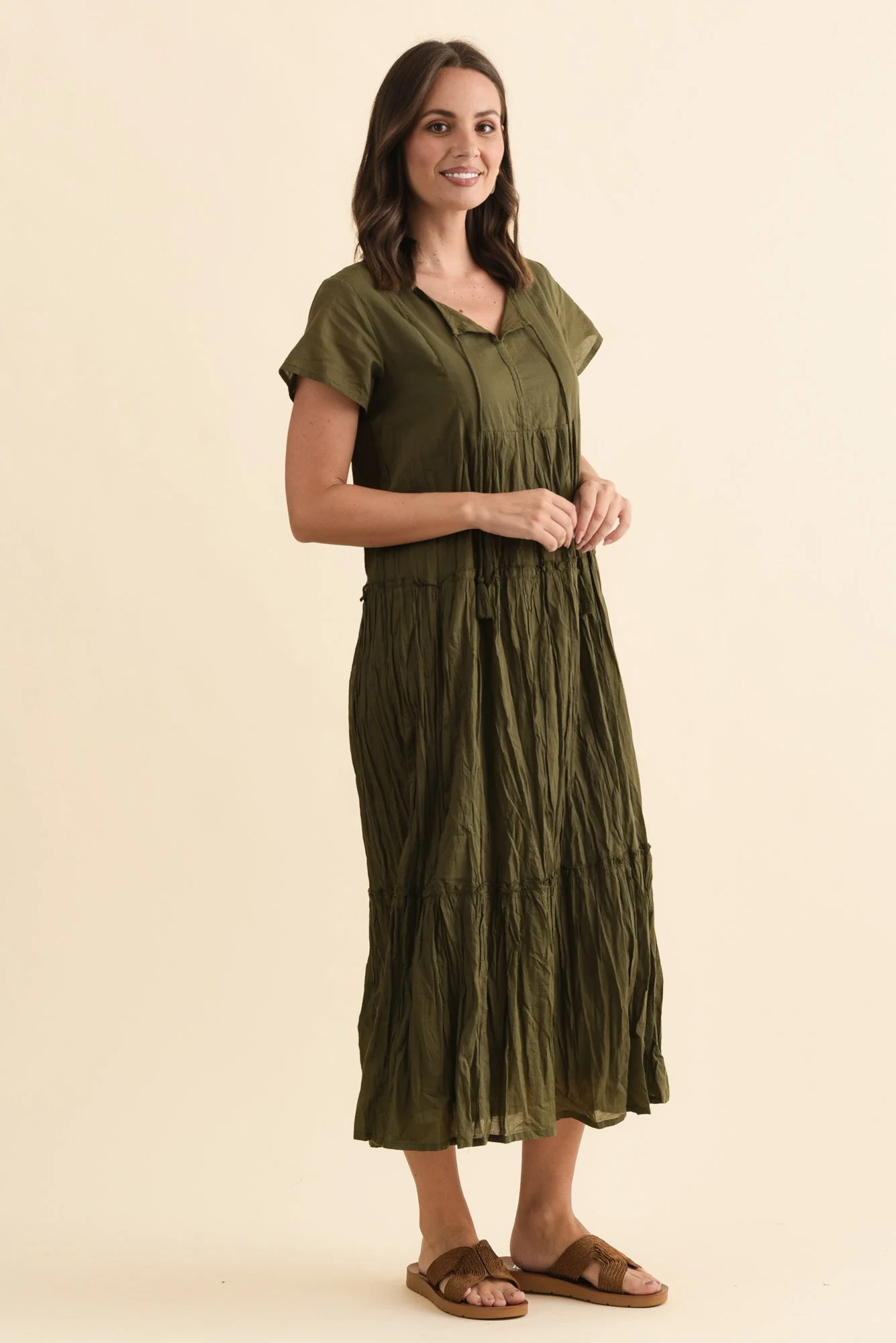 Nona Khaki Crinkle Cotton Maxi Dress - Image 3