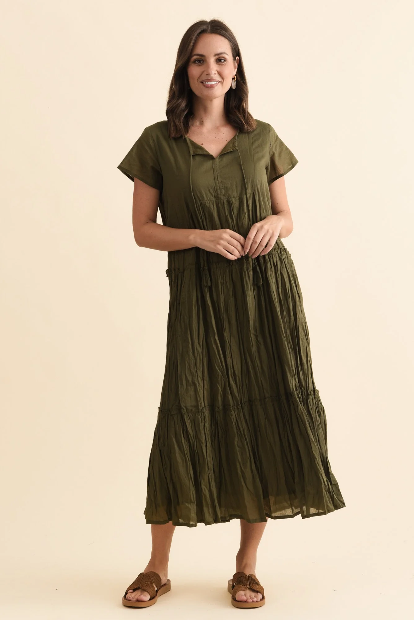 Nona Khaki Crinkle Cotton Maxi Dress - Image 6