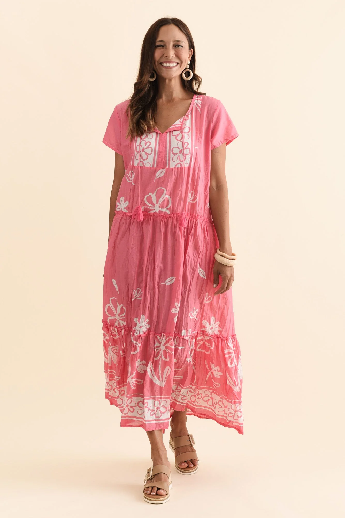 Nona Pink Flower Crinkle Cotton Maxi Dress - Image 2