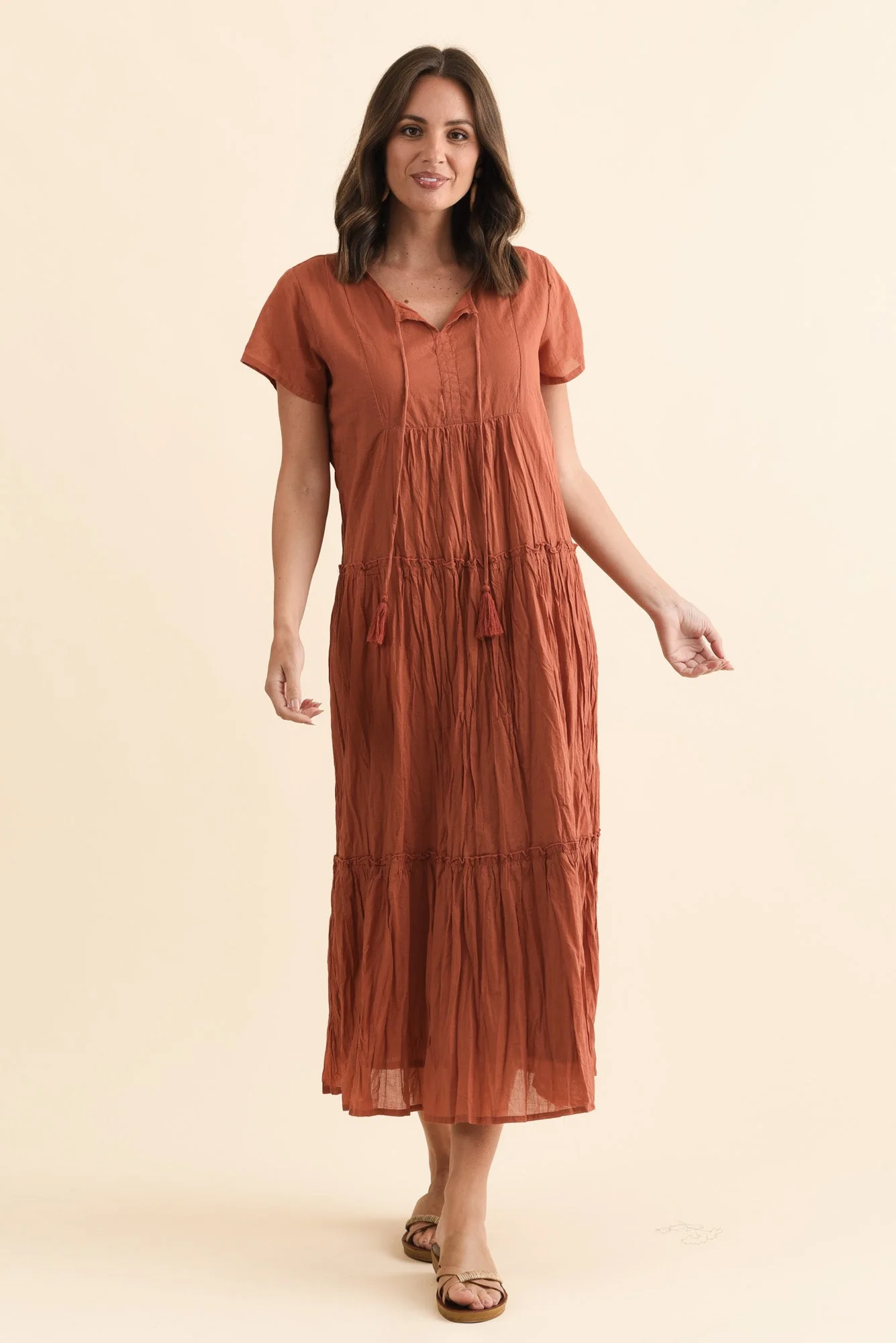 Nona Rust Crinkle Cotton Maxi Dress