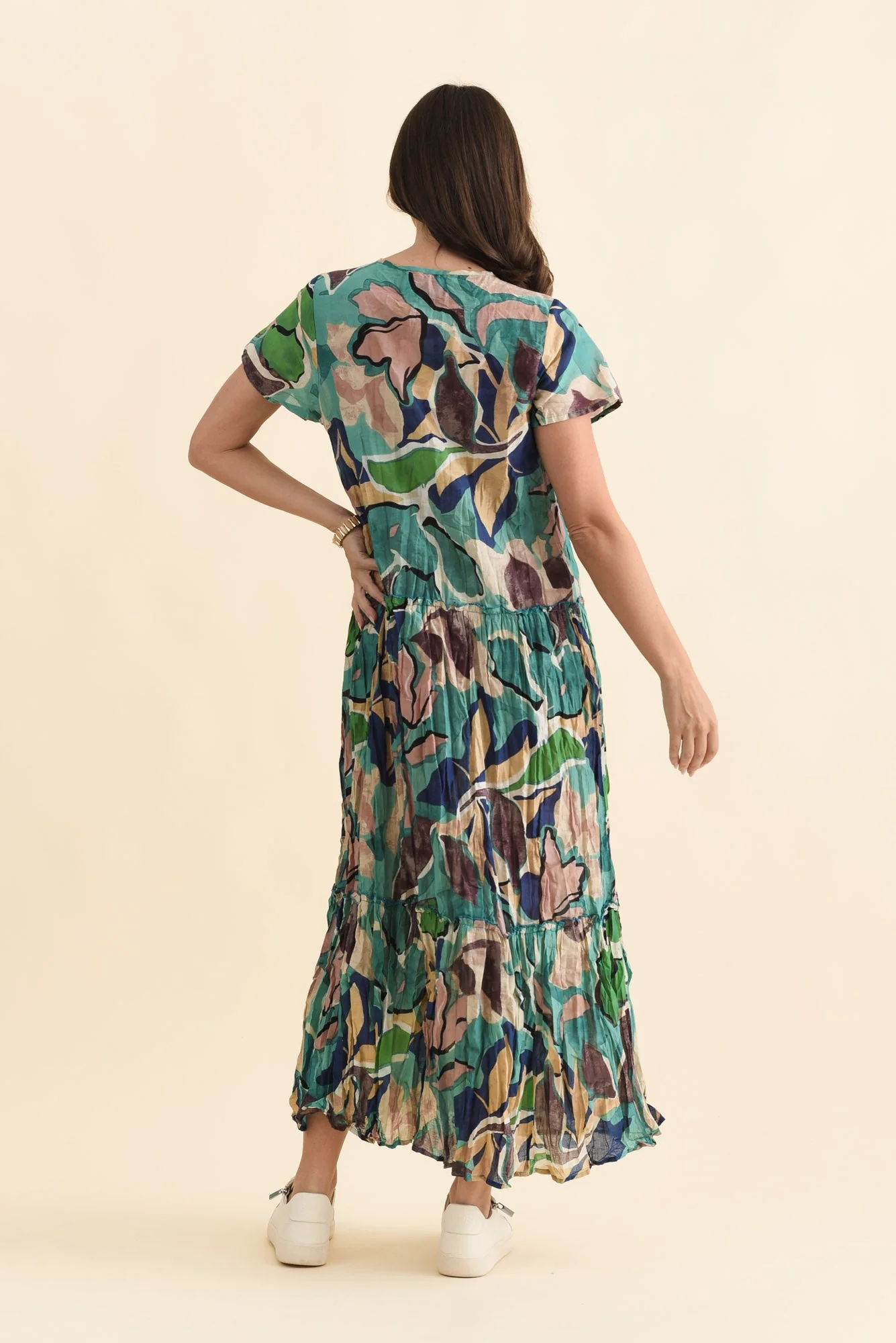 Nona Teal Foliage Crinkle Cotton Maxi Dress - Image 5