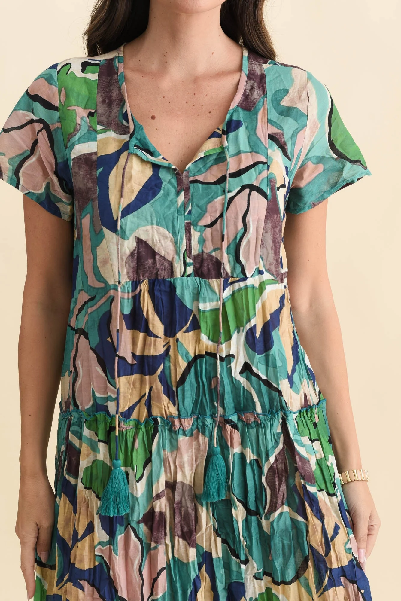 Nona Teal Foliage Crinkle Cotton Maxi Dress - Image 6