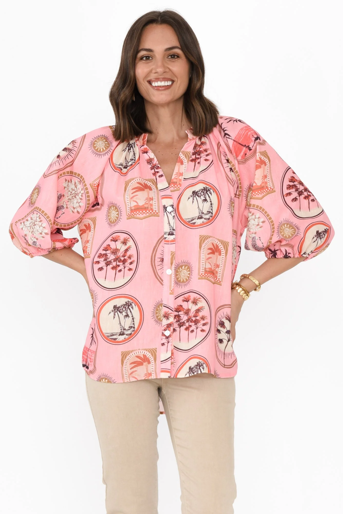 Nyssa Pink Tropical Linen Blend Shirt