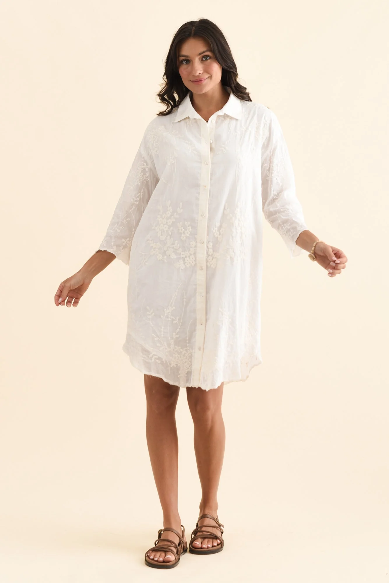 Offredo White Cotton Embroidered Shirt Dress