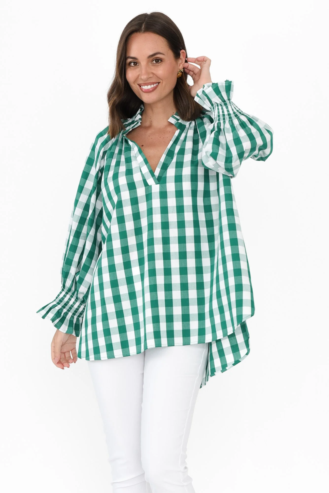Olena Green Check Cotton Puff Sleeve Blouse
