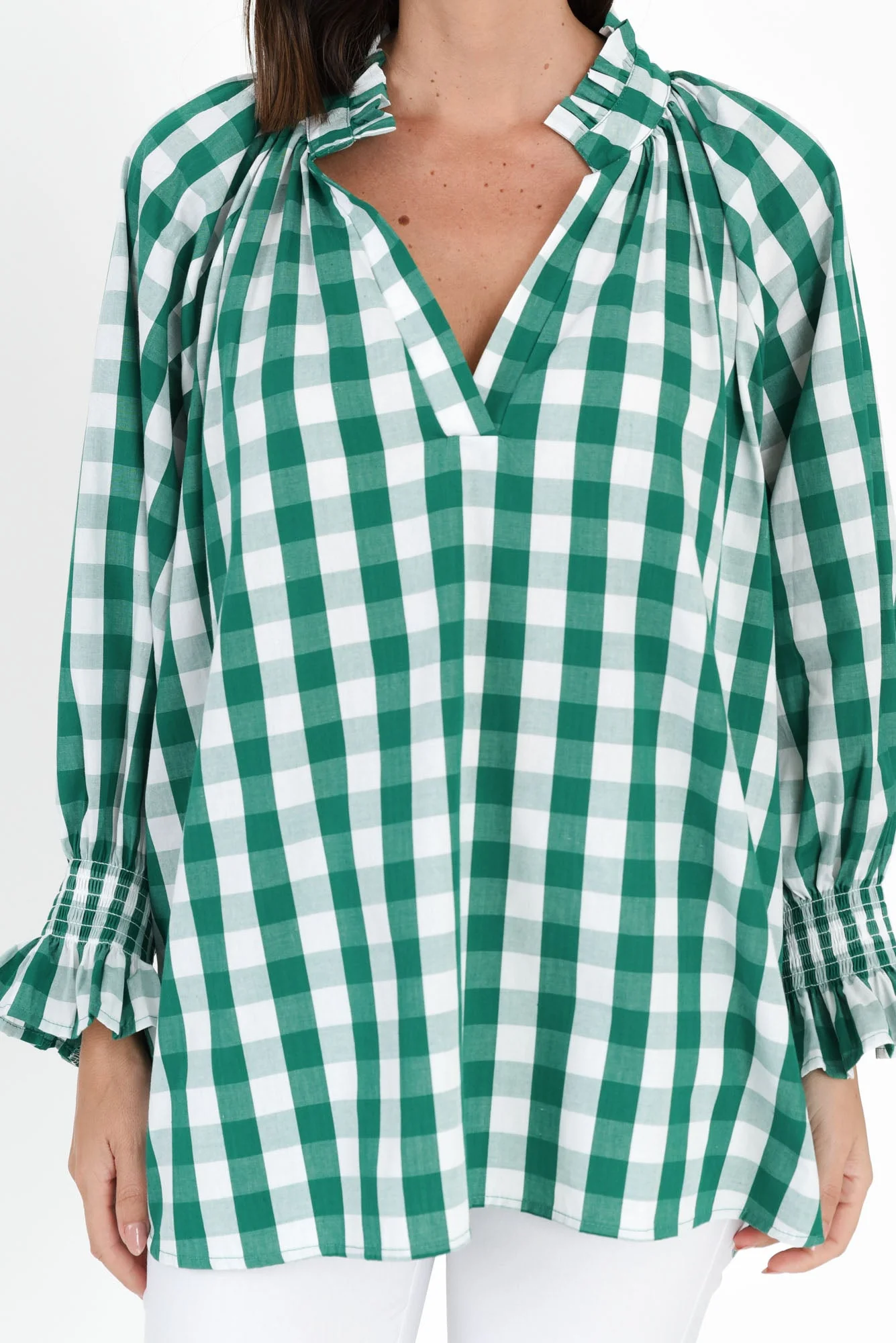 Olena Green Check Cotton Puff Sleeve Blouse - Image 5