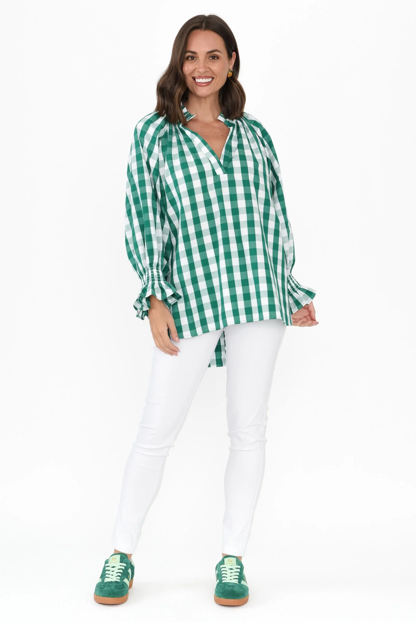Olena Green Check Cotton Puff Sleeve Blouse - Image 6