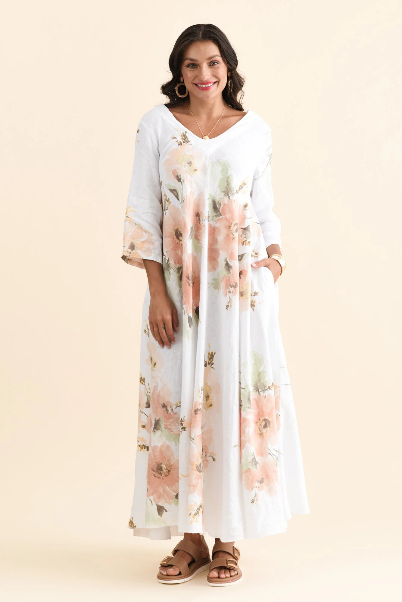 Oscar White Floral Linen Maxi Dress