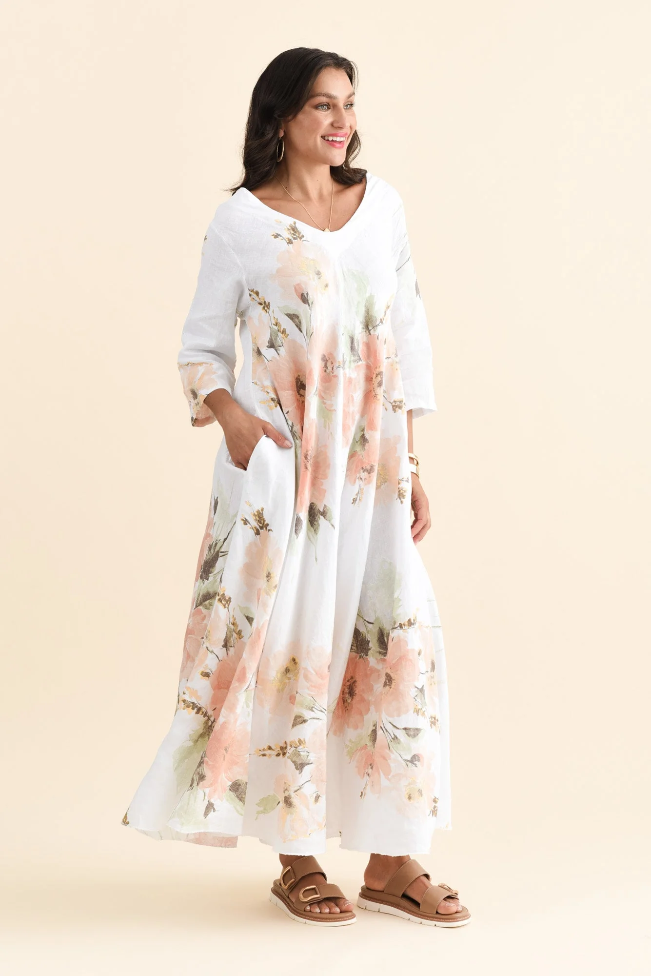 Oscar White Floral Linen Maxi Dress - Image 3