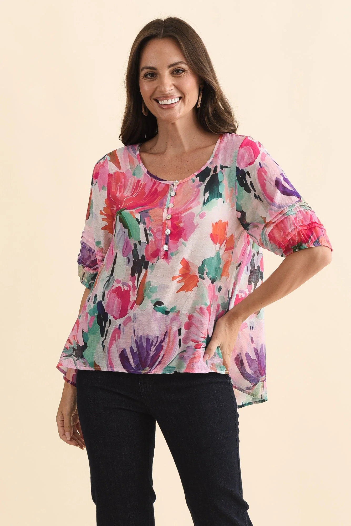 Paden Pink Floral Button Top