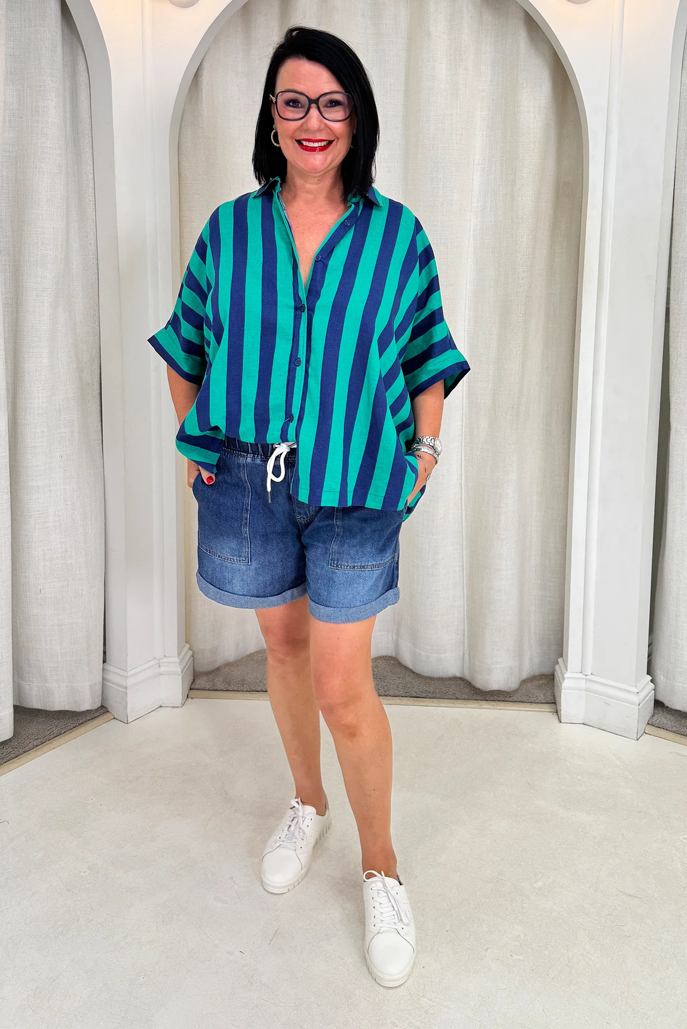 Palermo Turquoise Stripe Linen Blend Shirt - Image 7