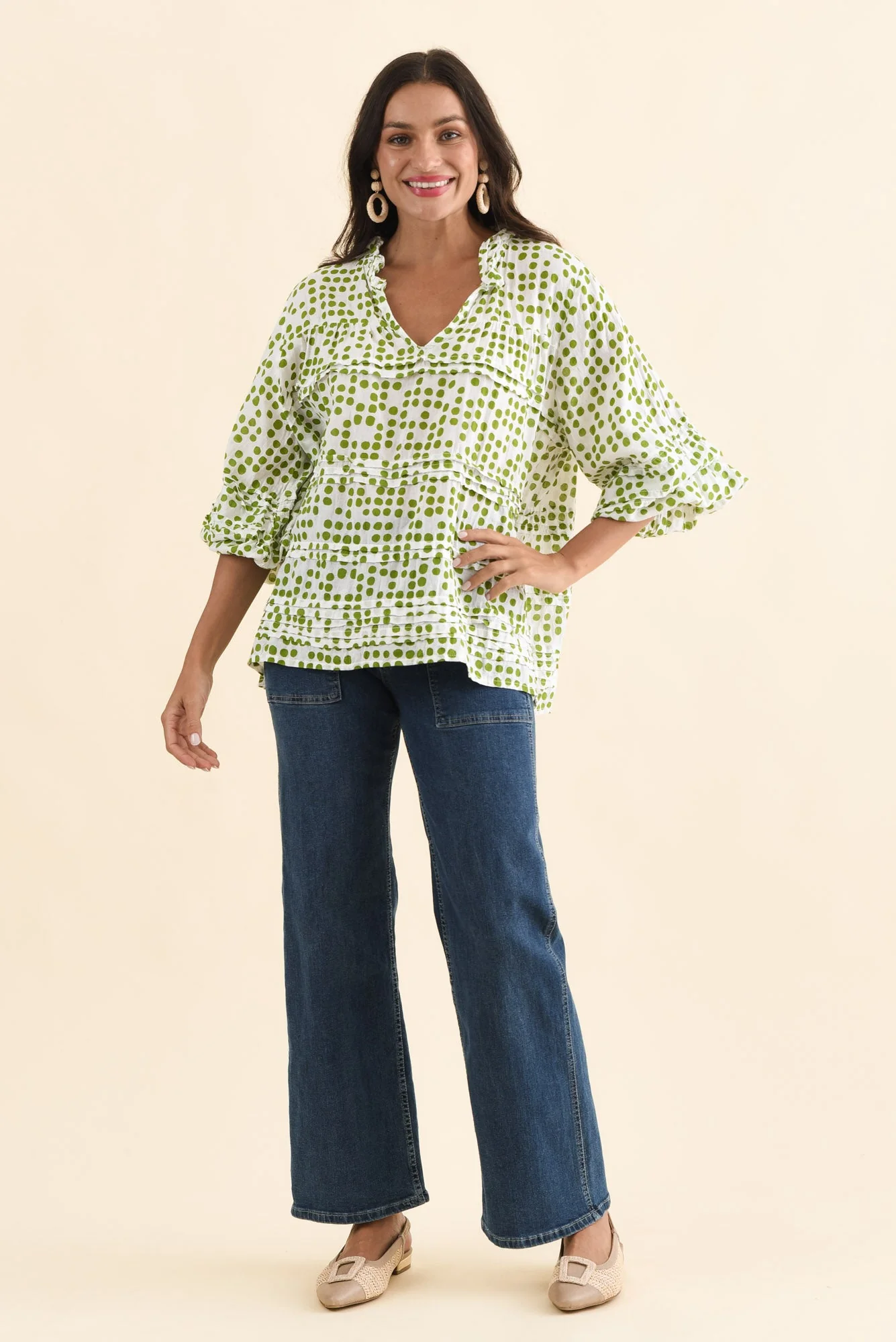 Palmer Green Spot Cotton Long Sleeve Top - Image 2