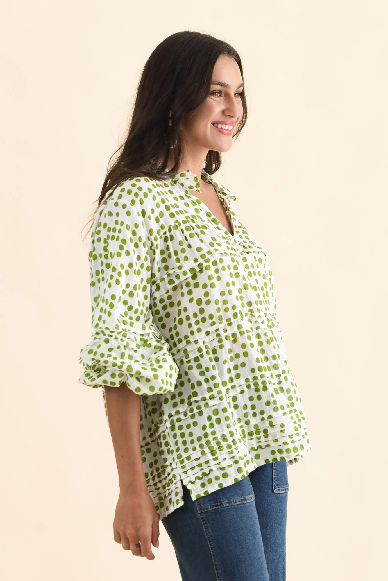 Palmer Green Spot Cotton Long Sleeve Top - Image 3