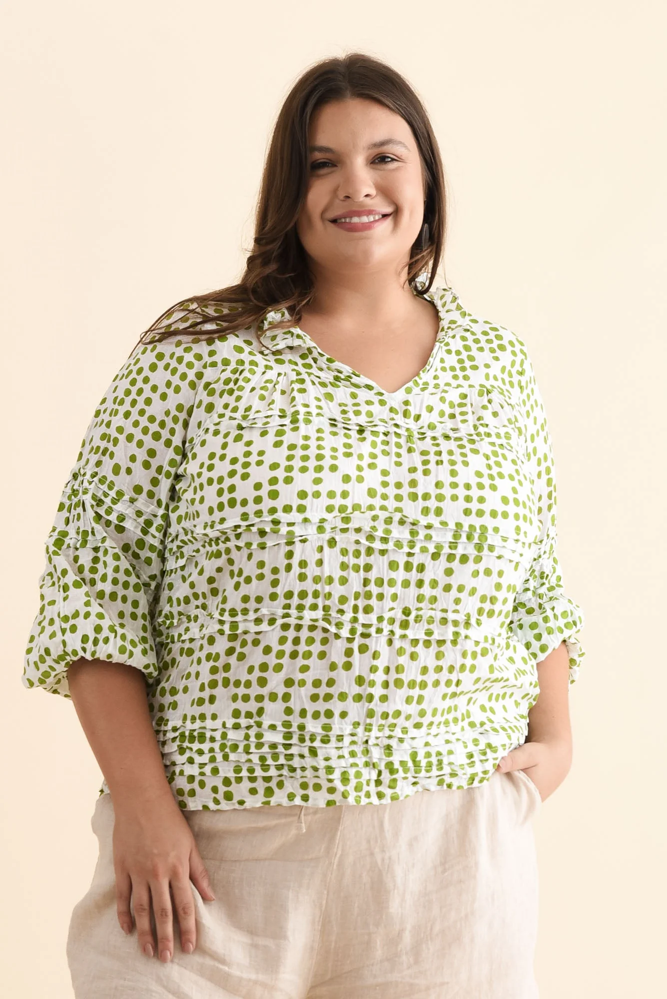 Palmer Green Spot Cotton Long Sleeve Top - Image 7