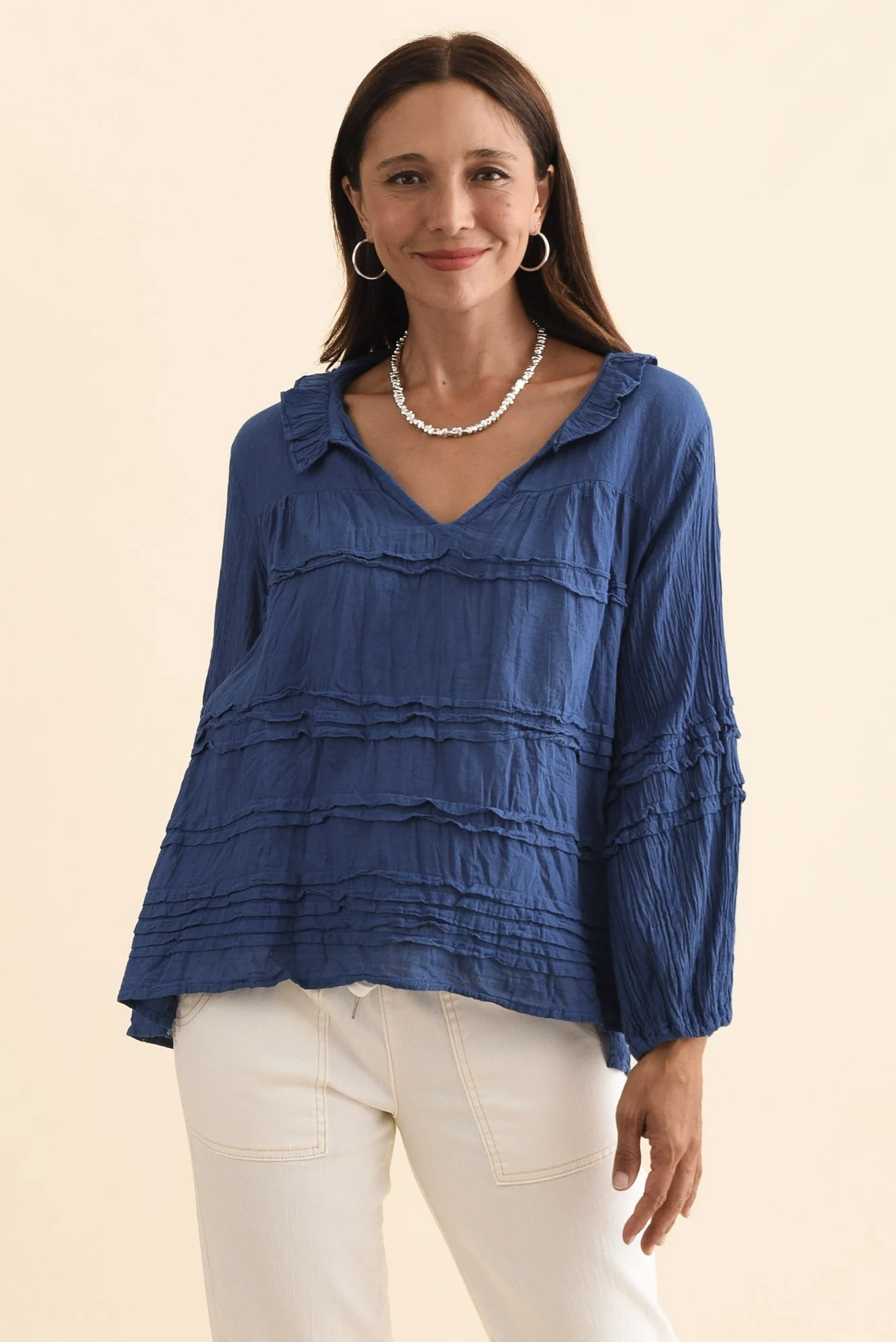 Palmer Navy Cotton Long Sleeve Top