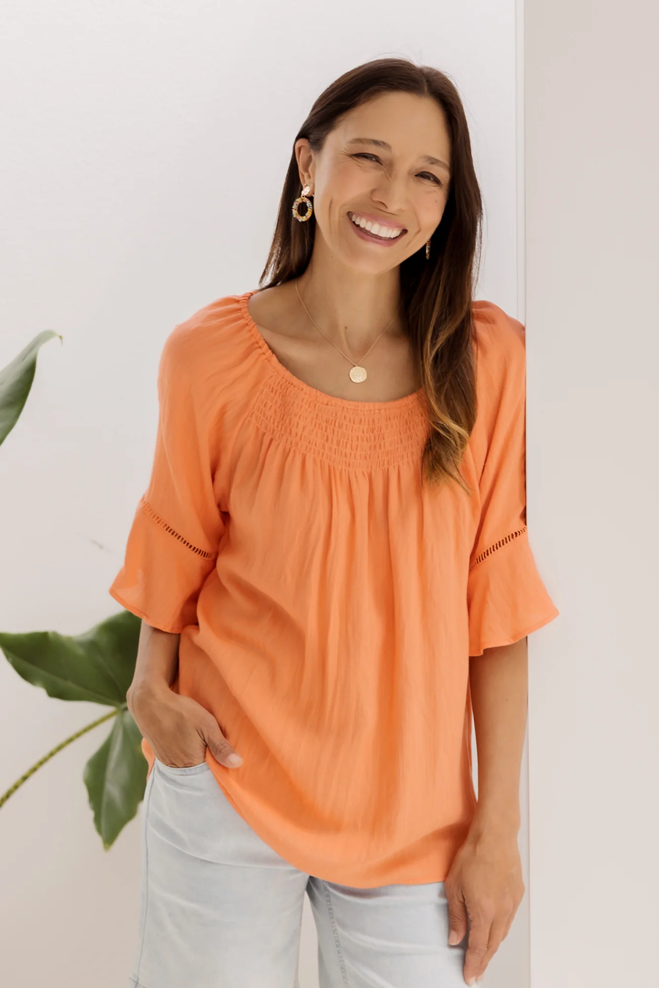 Patina Orange Shirred Top