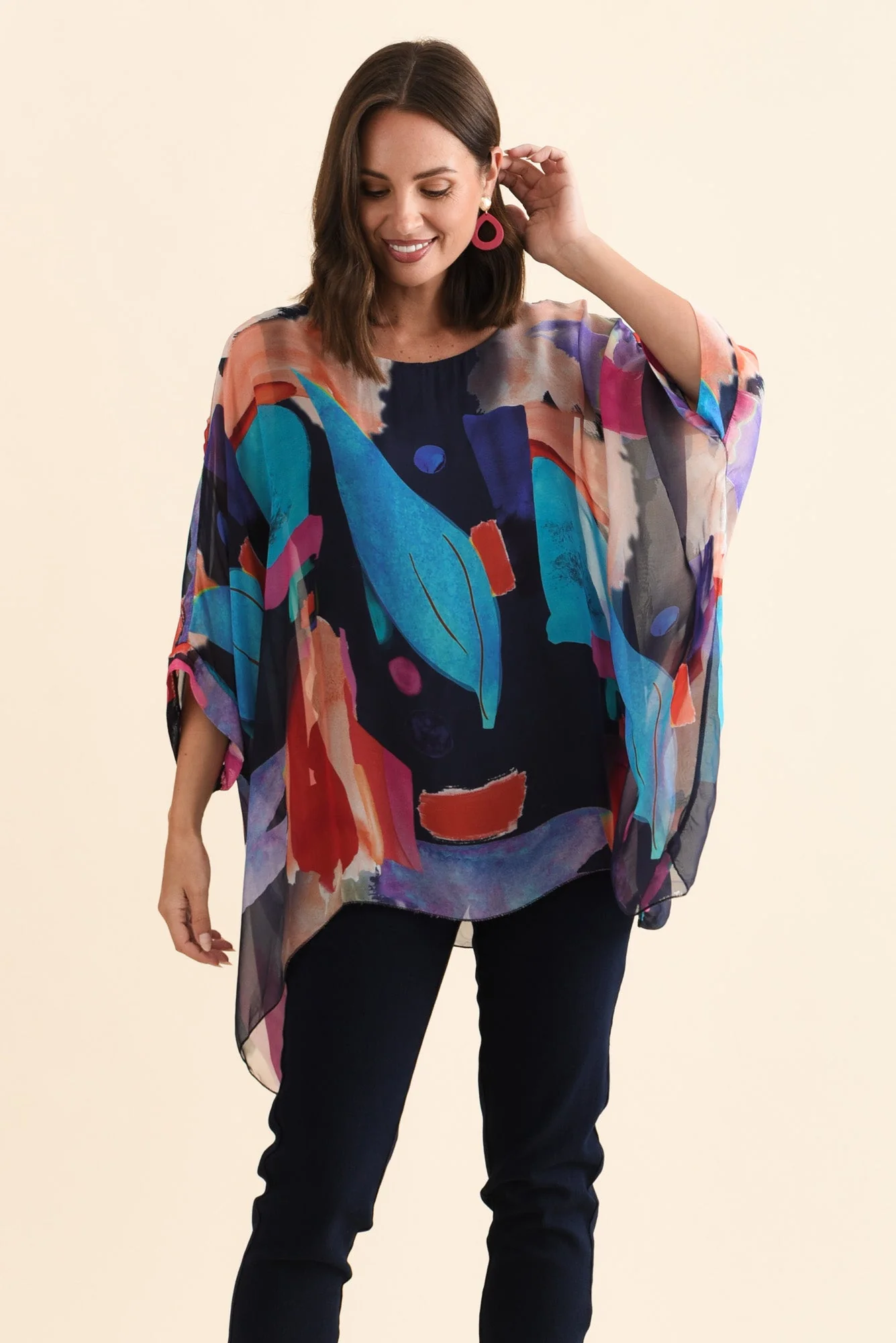 Paxos Navy Abstract Silk Overlay Top