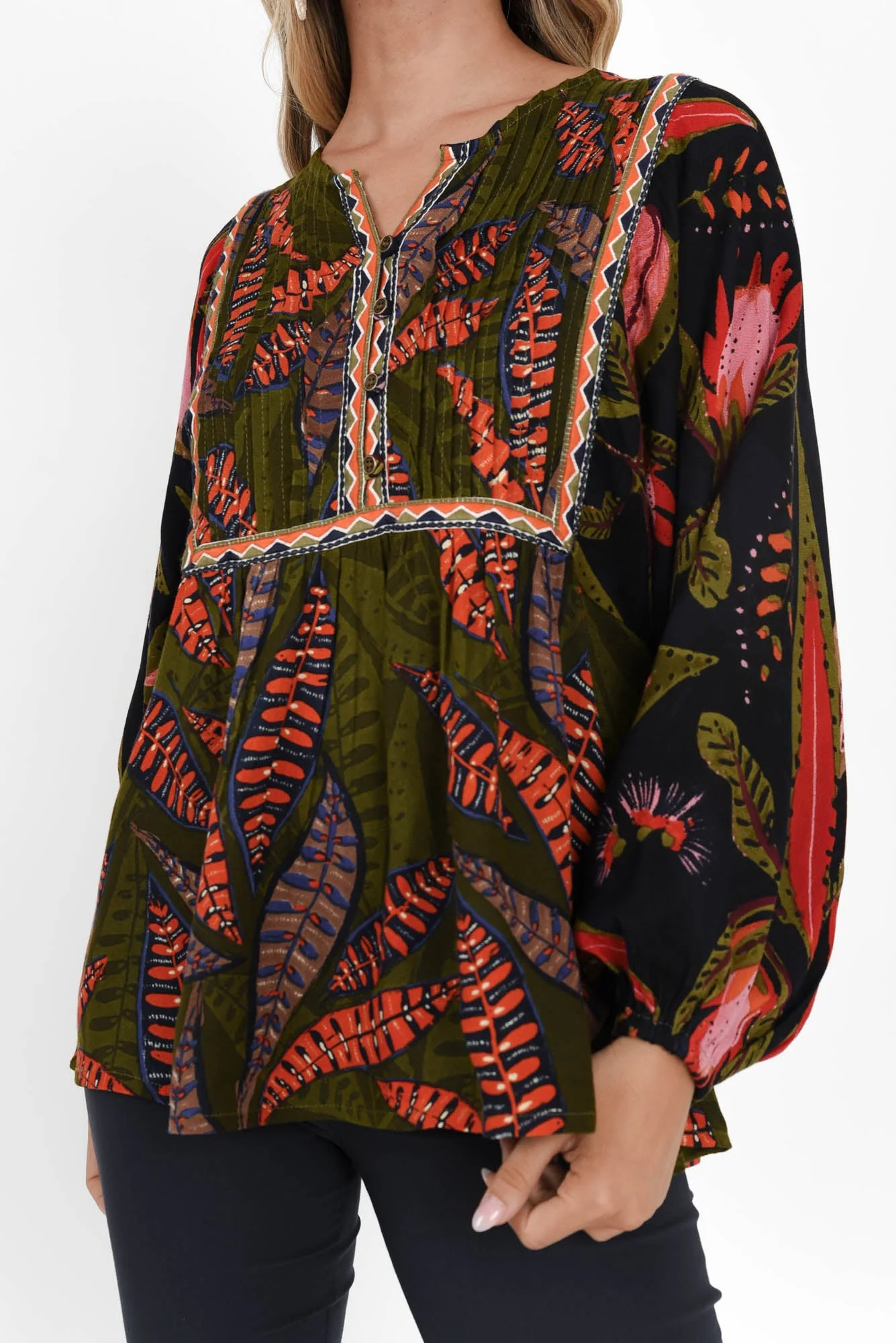 Potenza Green Leaf Puff Sleeve Blouse - Image 5