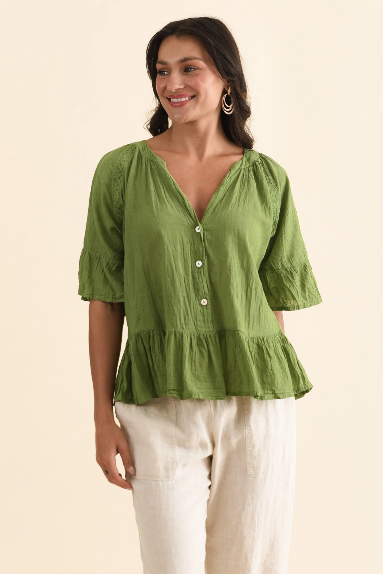 Ramona Green Cotton Ruffle Top
