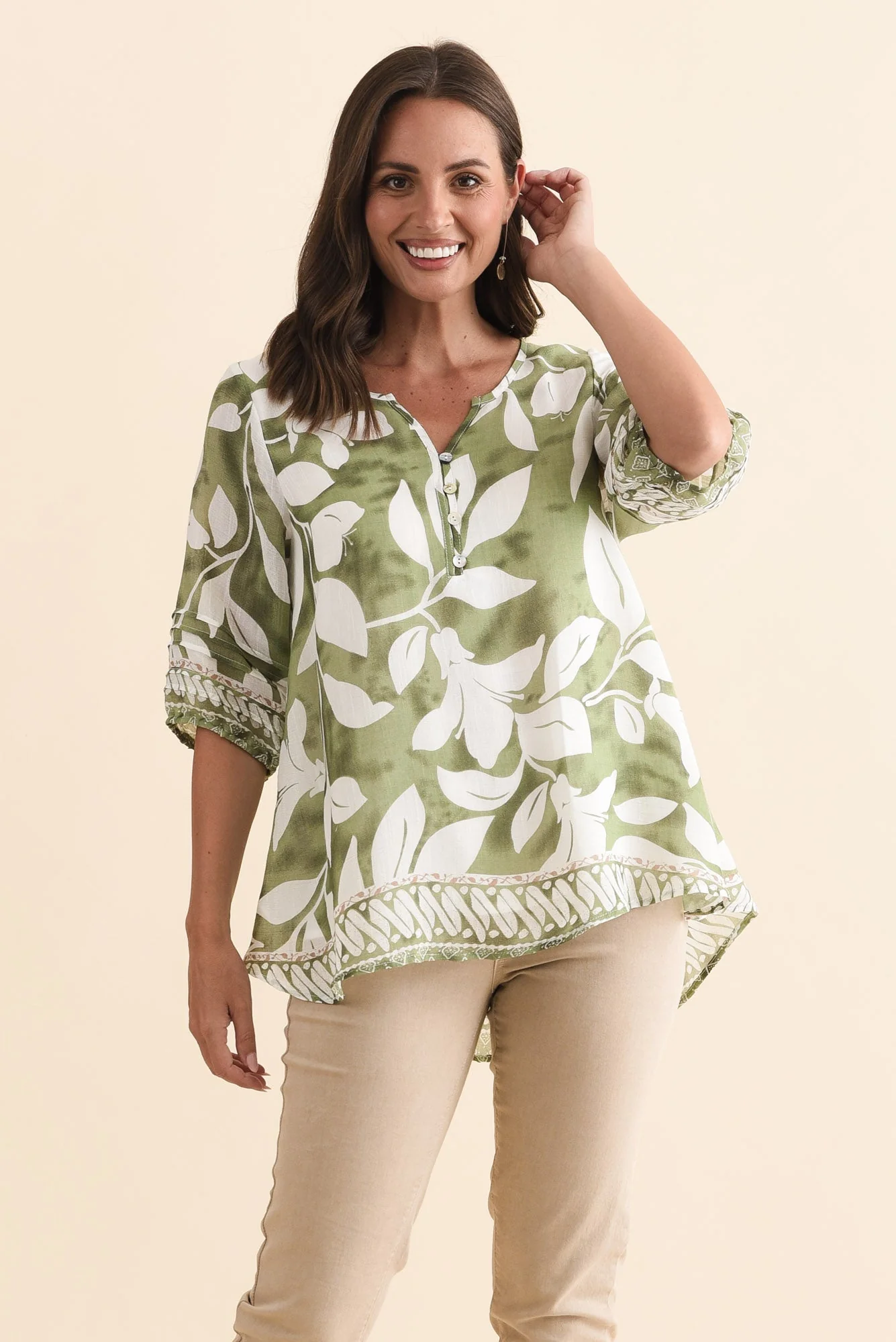 Ramy Green Leaf Cotton Blend Top