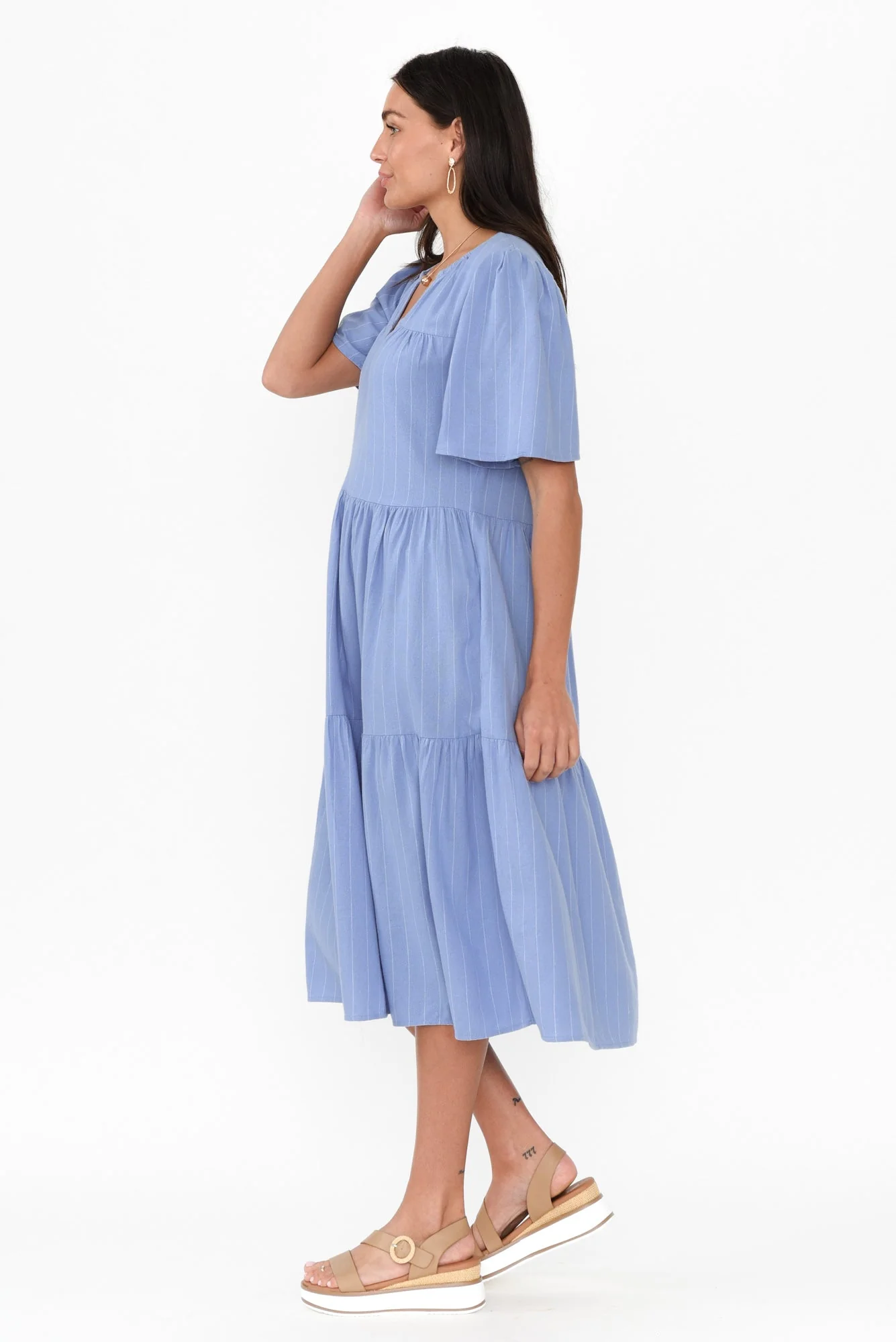 Regina Blue Linen Blend Tier Dress - Image 3