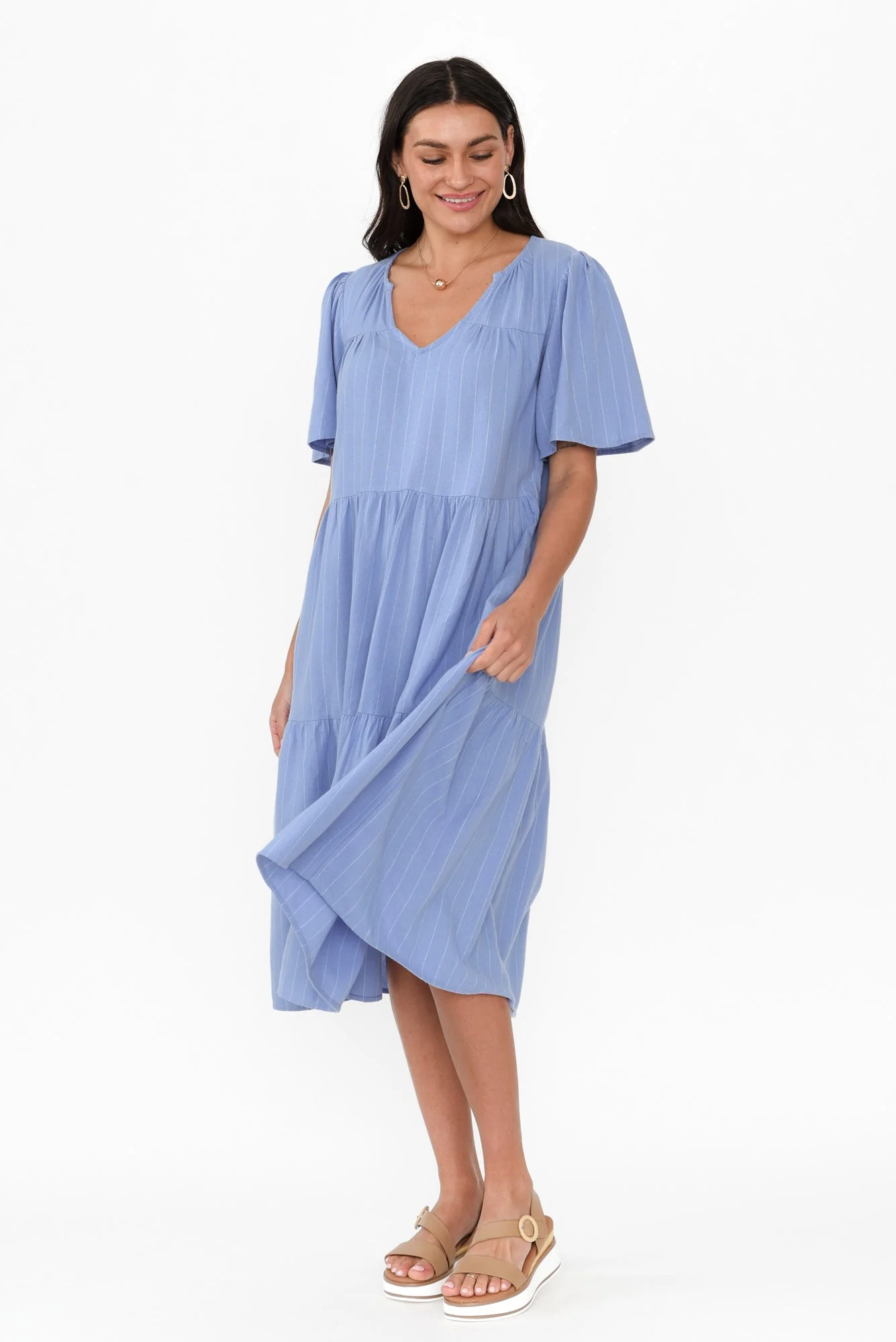 Regina Blue Linen Blend Tier Dress - Image 6