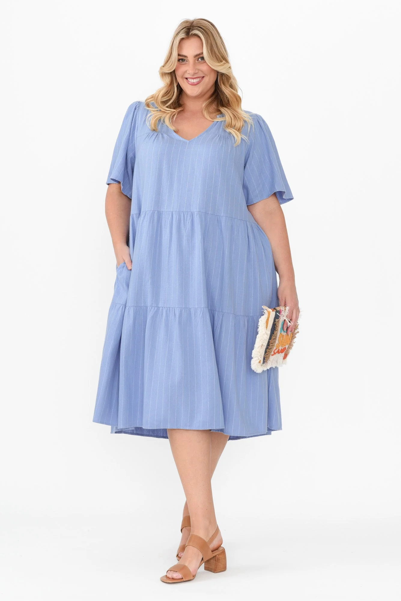 Regina Blue Linen Blend Tier Dress - Image 7