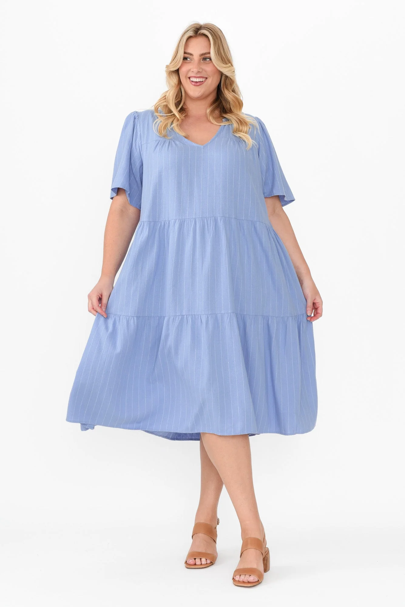 Regina Blue Linen Blend Tier Dress - Image 8