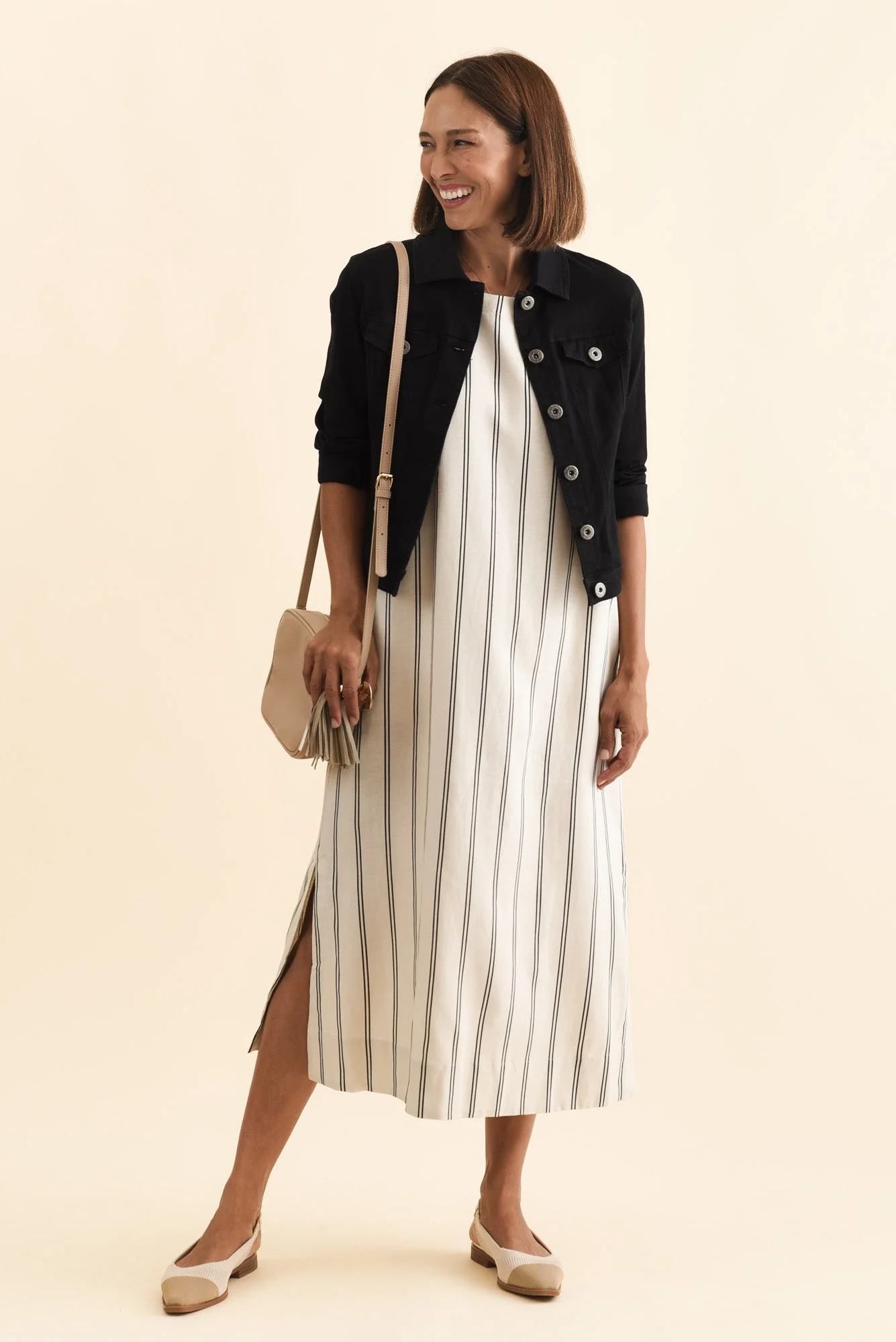 Riley Cream Stripe Linen Blend Dress