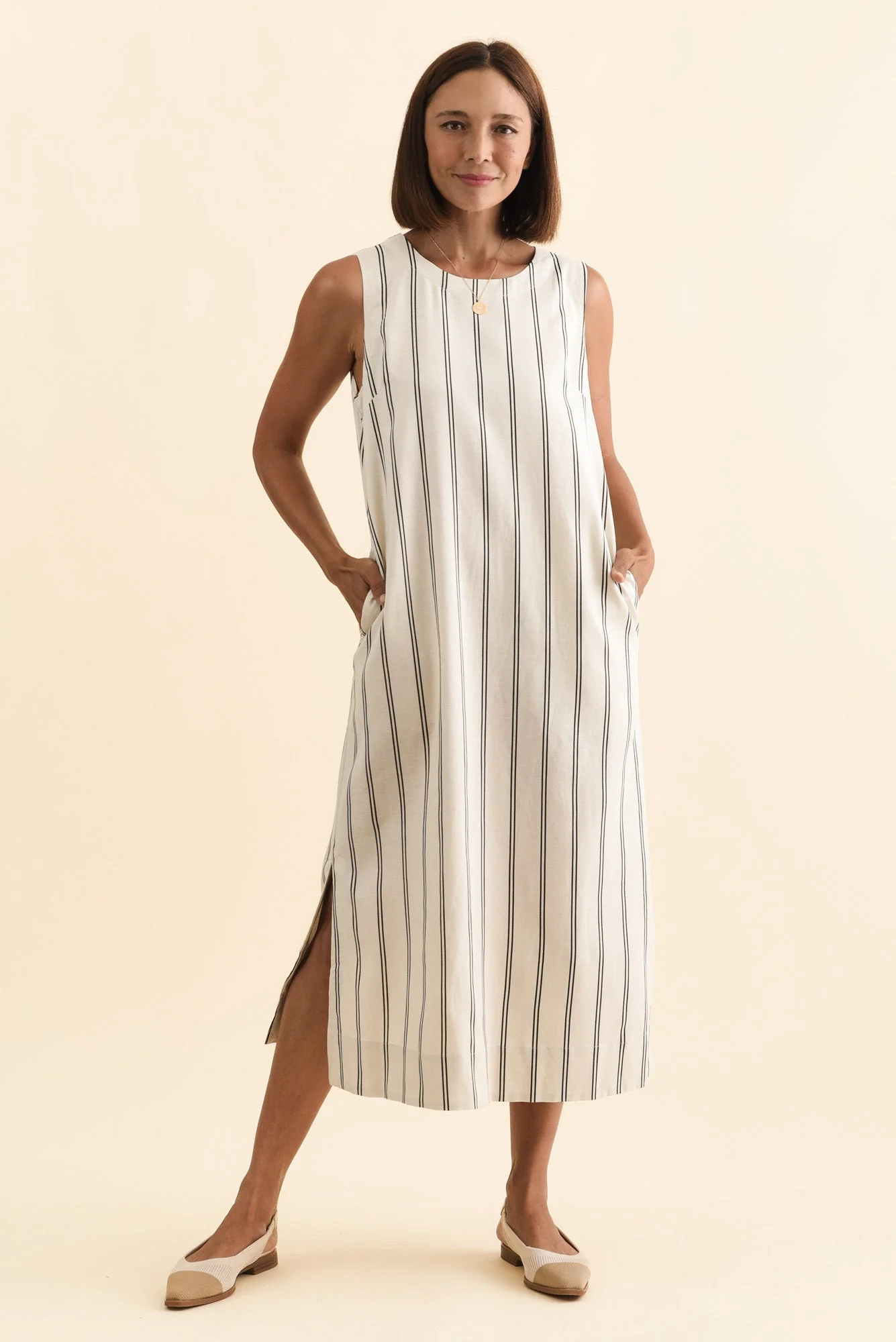 Riley Cream Stripe Linen Blend Dress - Image 2