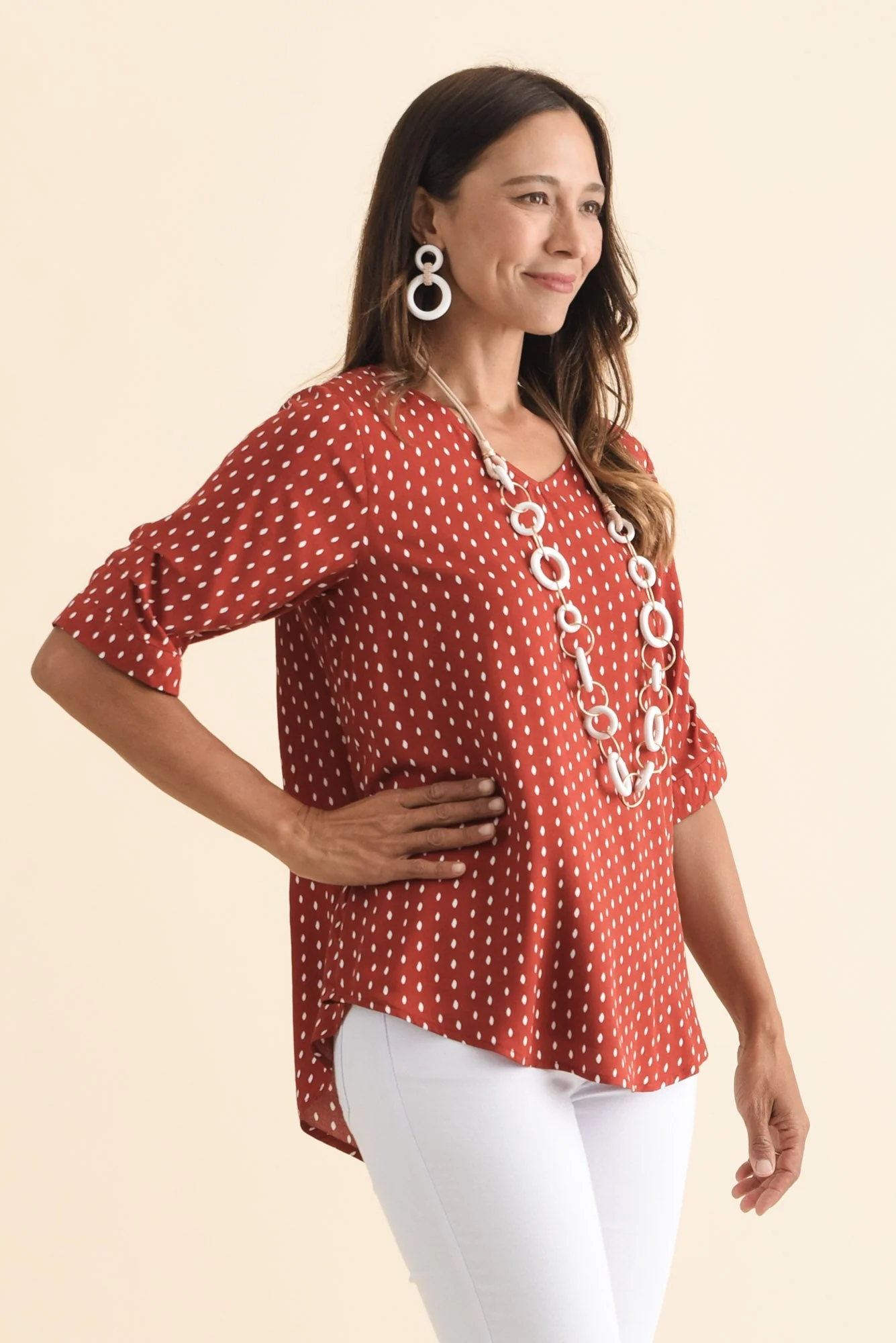 Riveria Rust Dash V Neck Top - Image 3