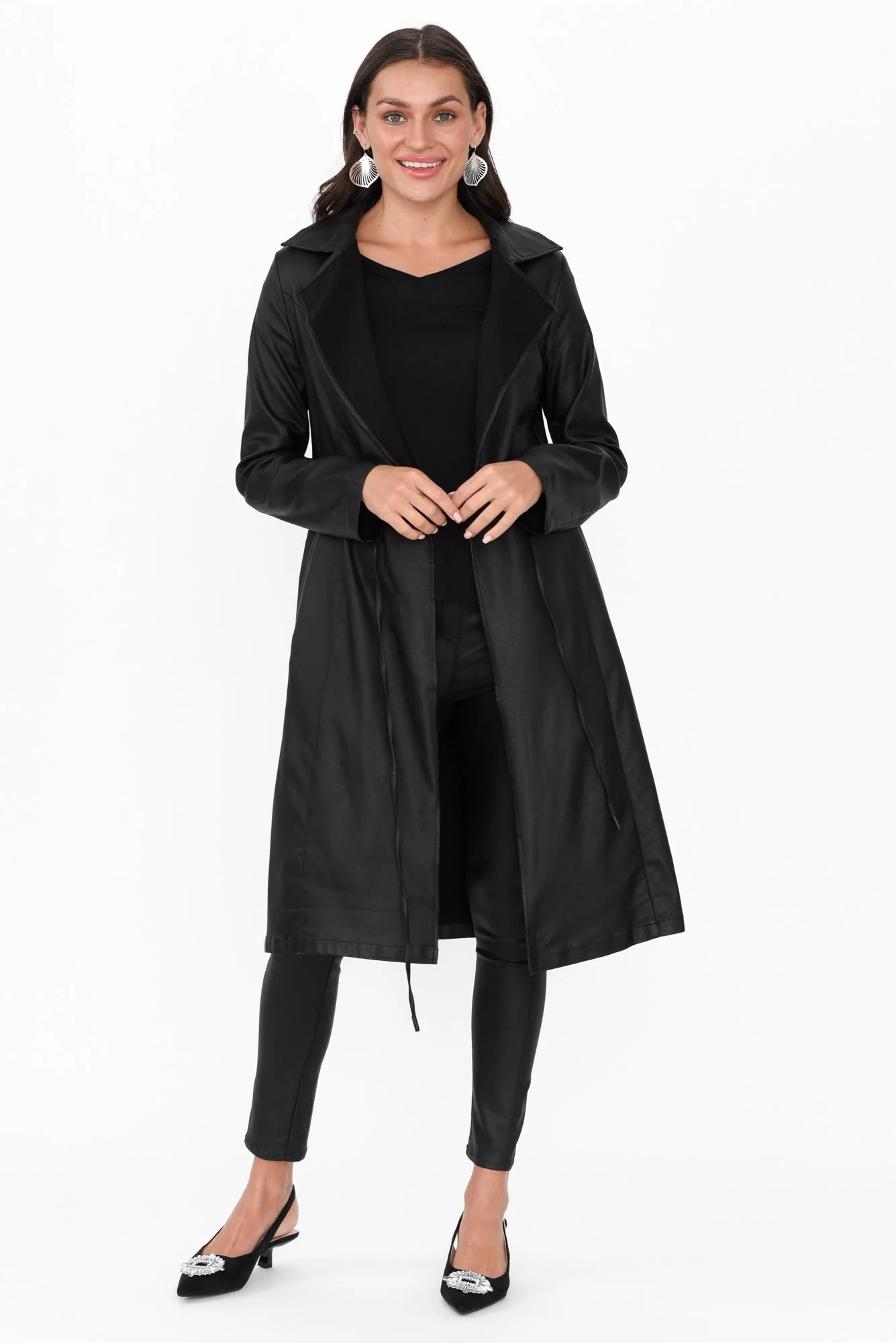 Rois Black Faux Leather Trench Coat - Image 7