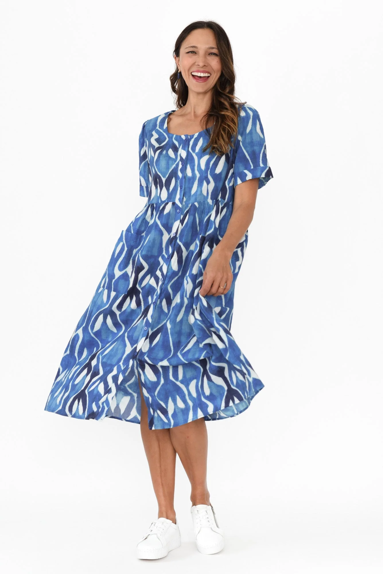 Rory Blue Abstract Cotton Button Dress