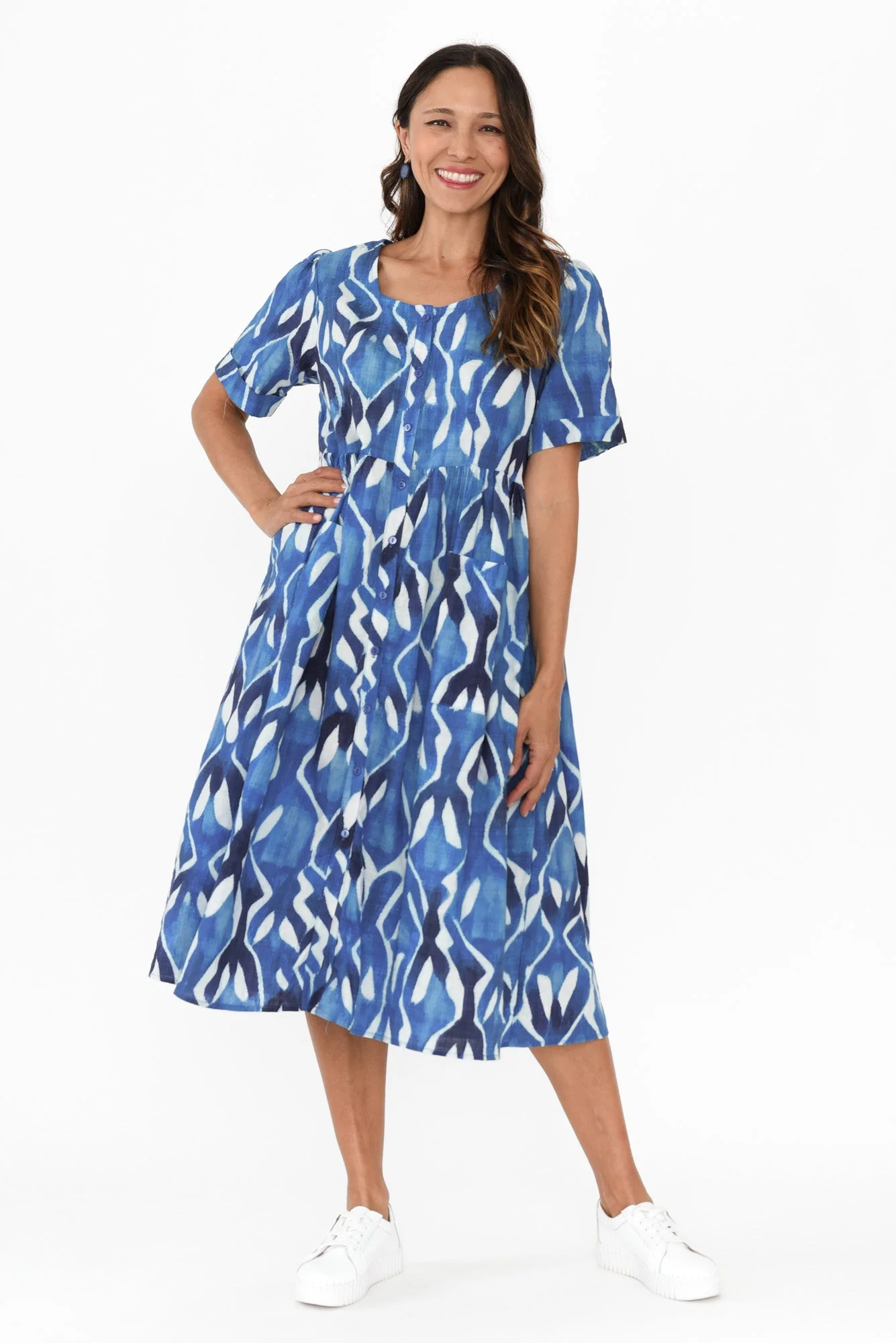 Rory Blue Abstract Cotton Button Dress - Image 2