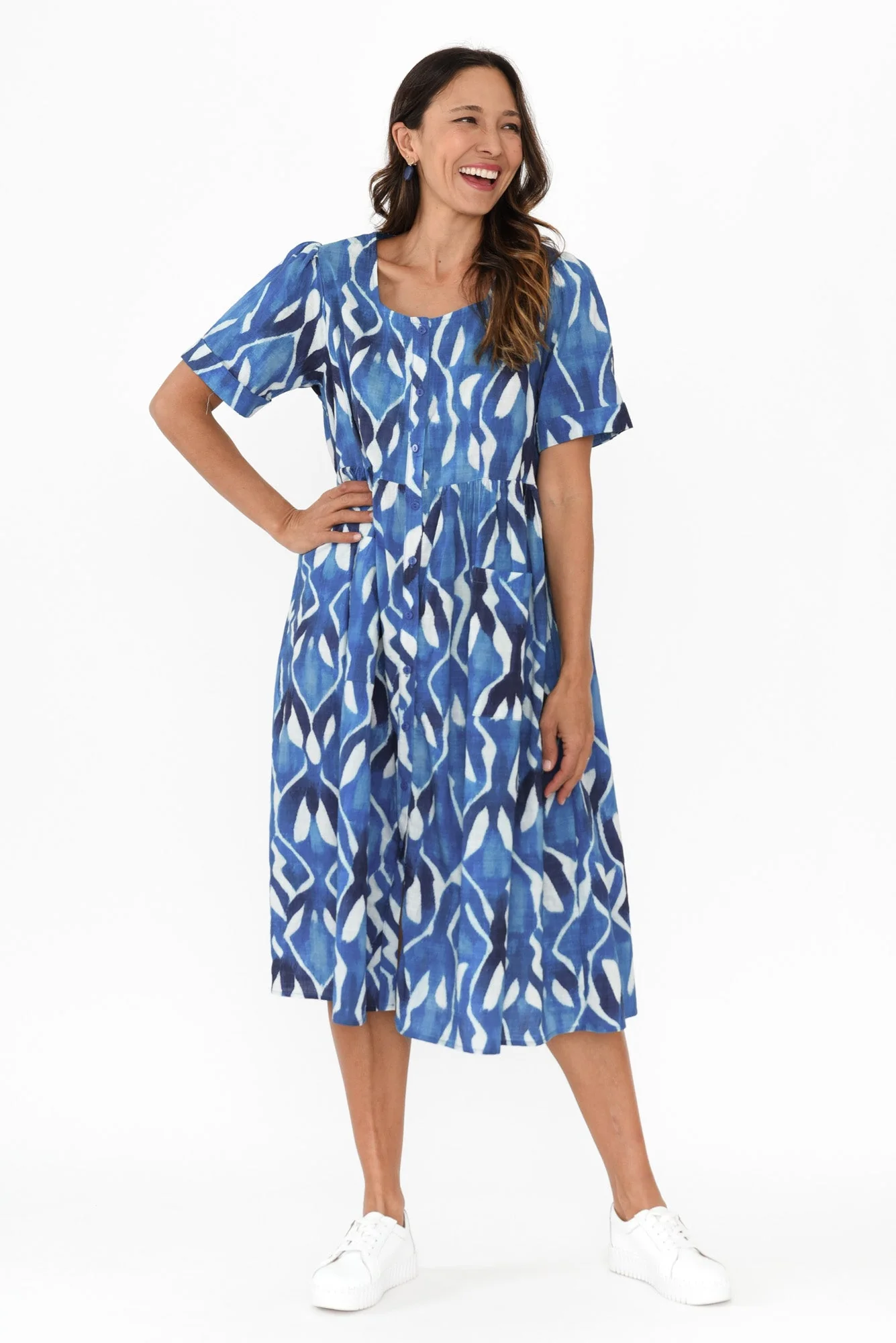 Rory Blue Abstract Cotton Button Dress - Image 6