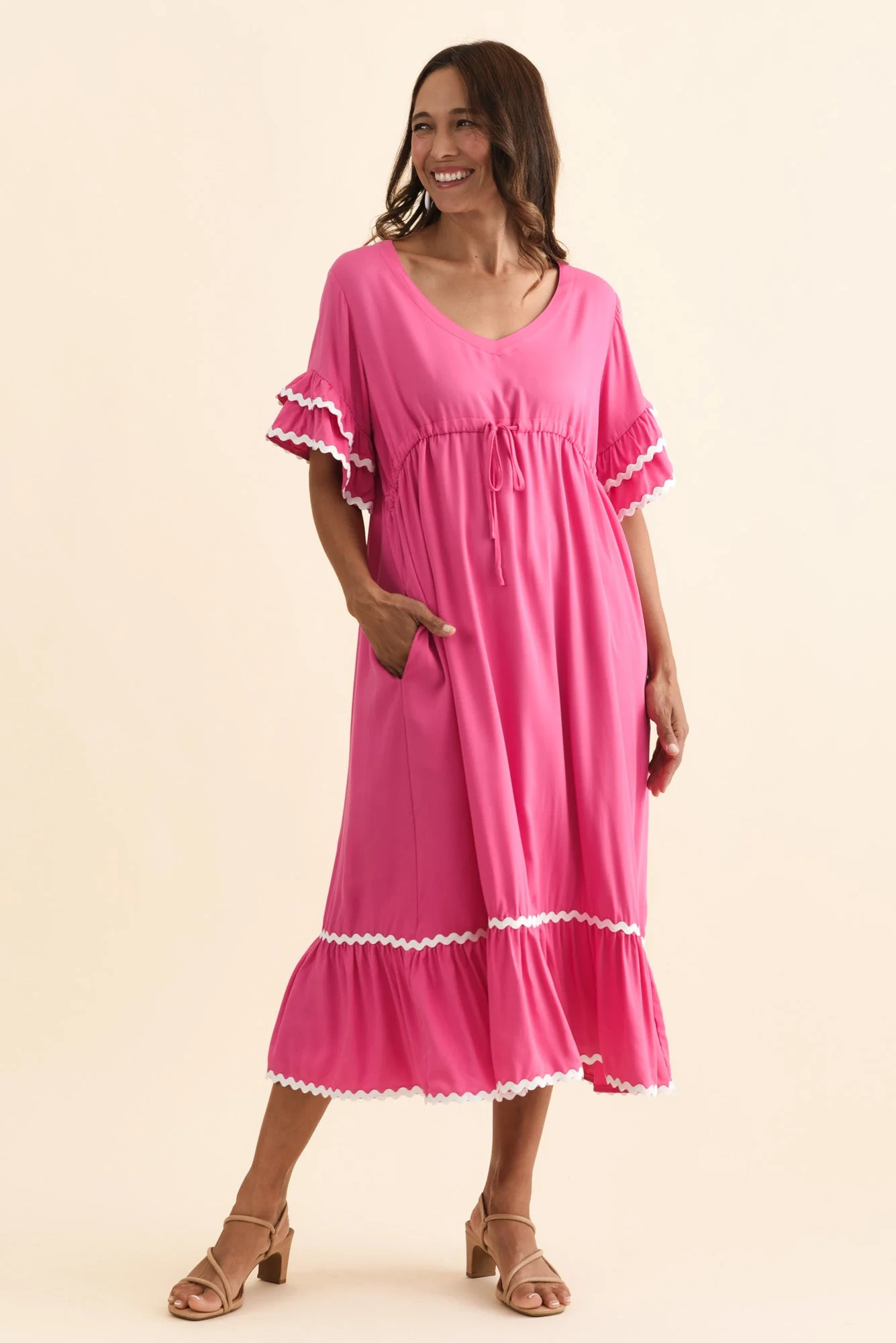 Rosemarie Pink Contrast Frill Dress - Image 6