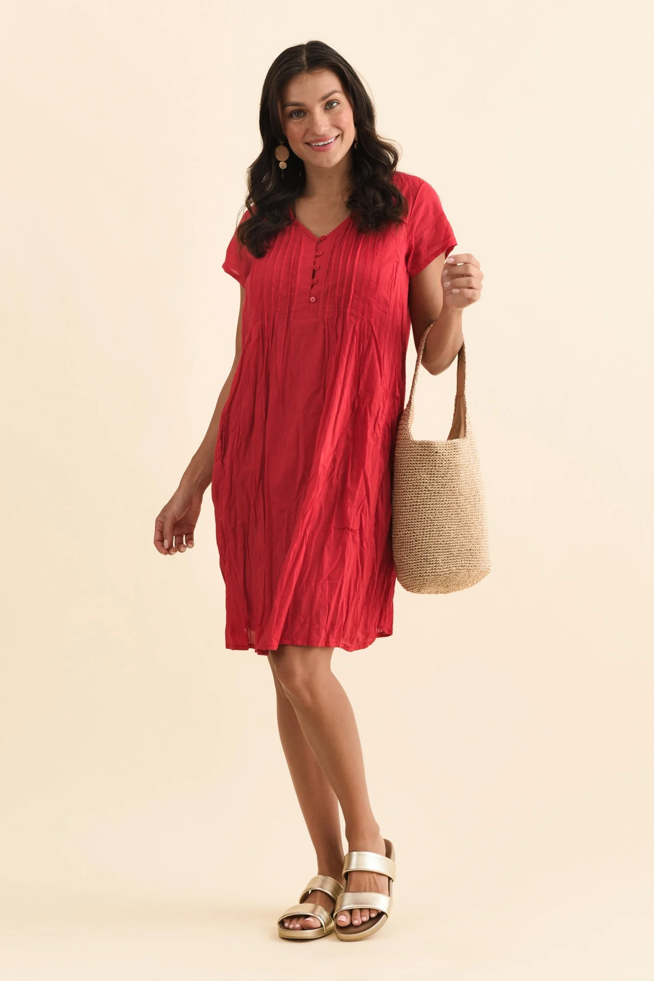 Sabina Red Crinkle Cotton Dress