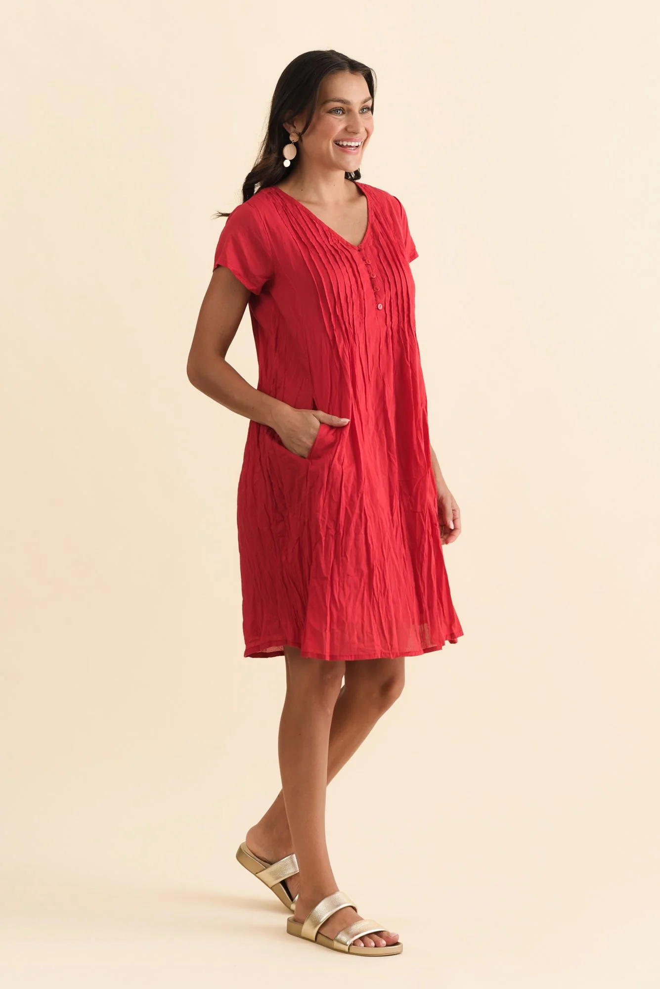 Sabina Red Crinkle Cotton Dress - Image 3