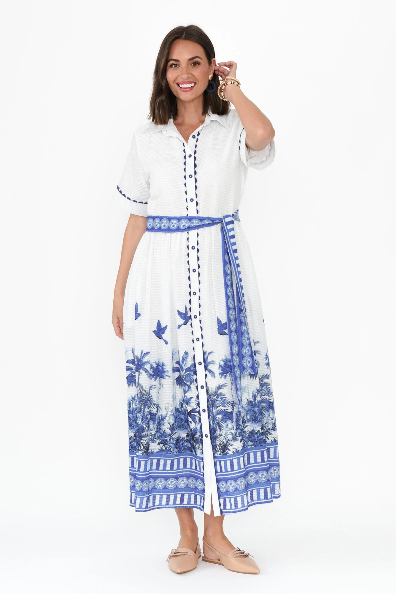 Sagara Blue Tropical Cotton Tie Dress - Image 2