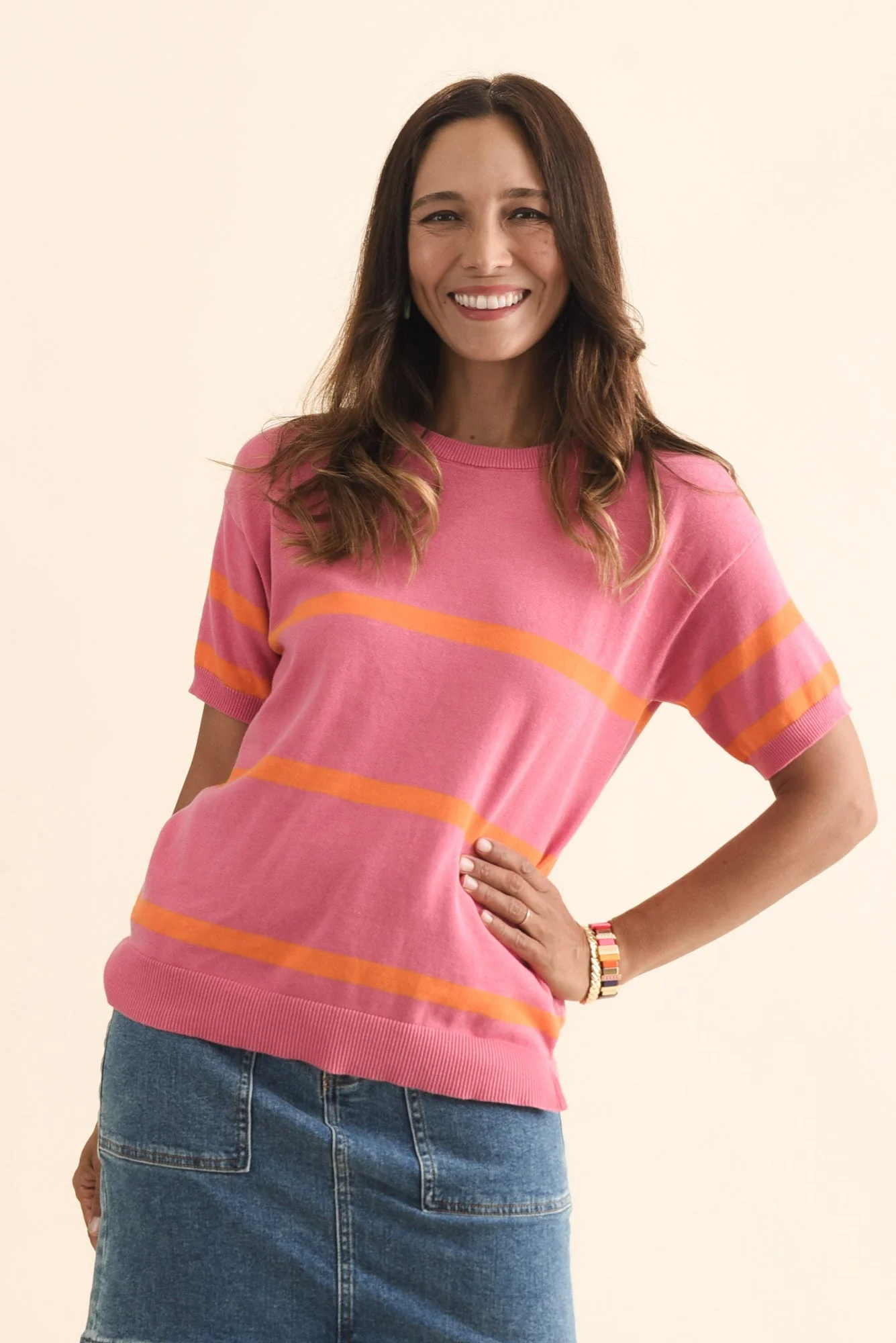 Sage Pink Stripe Cotton Knit Top