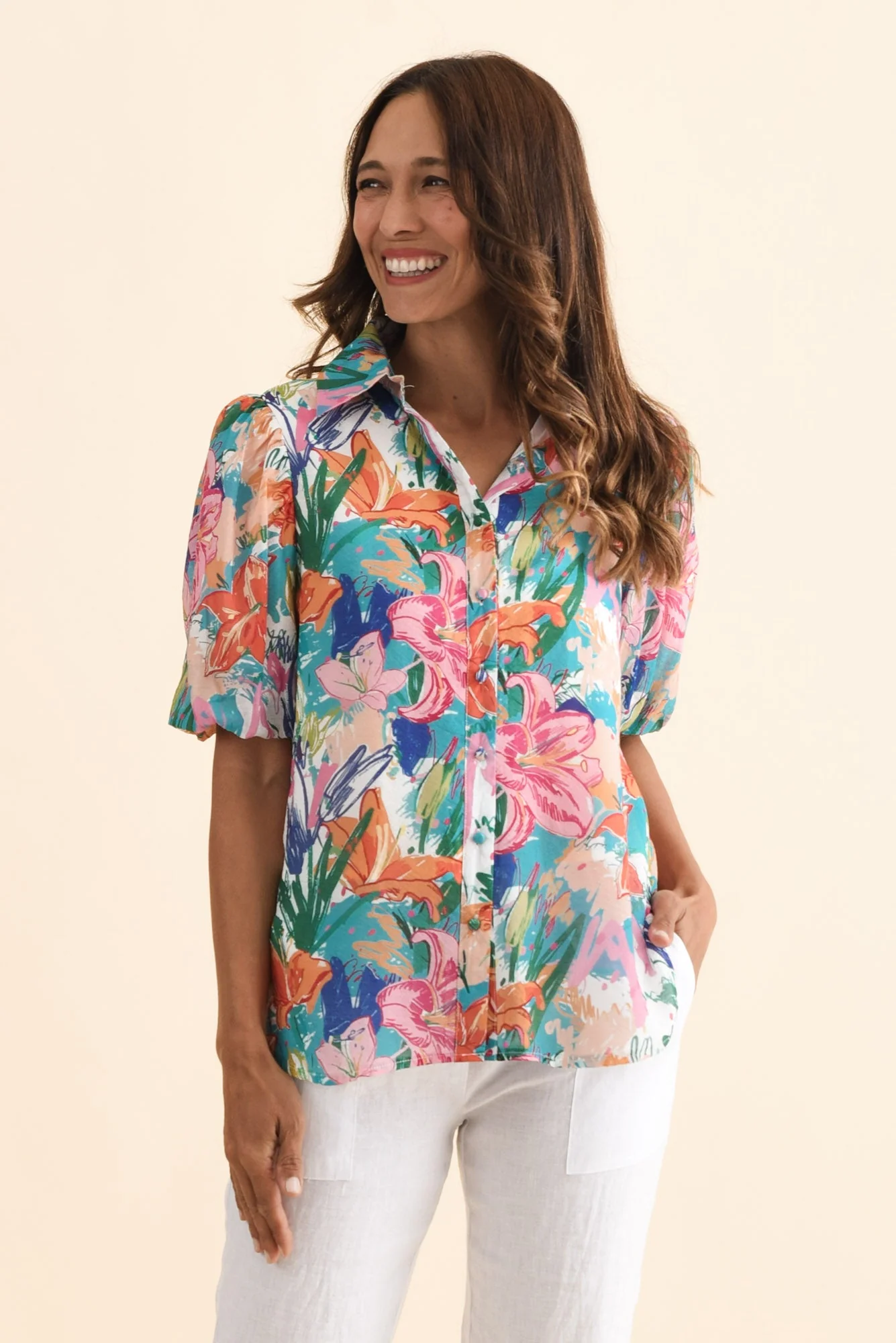 Salma Blue Lily Puff Sleeve Shirt