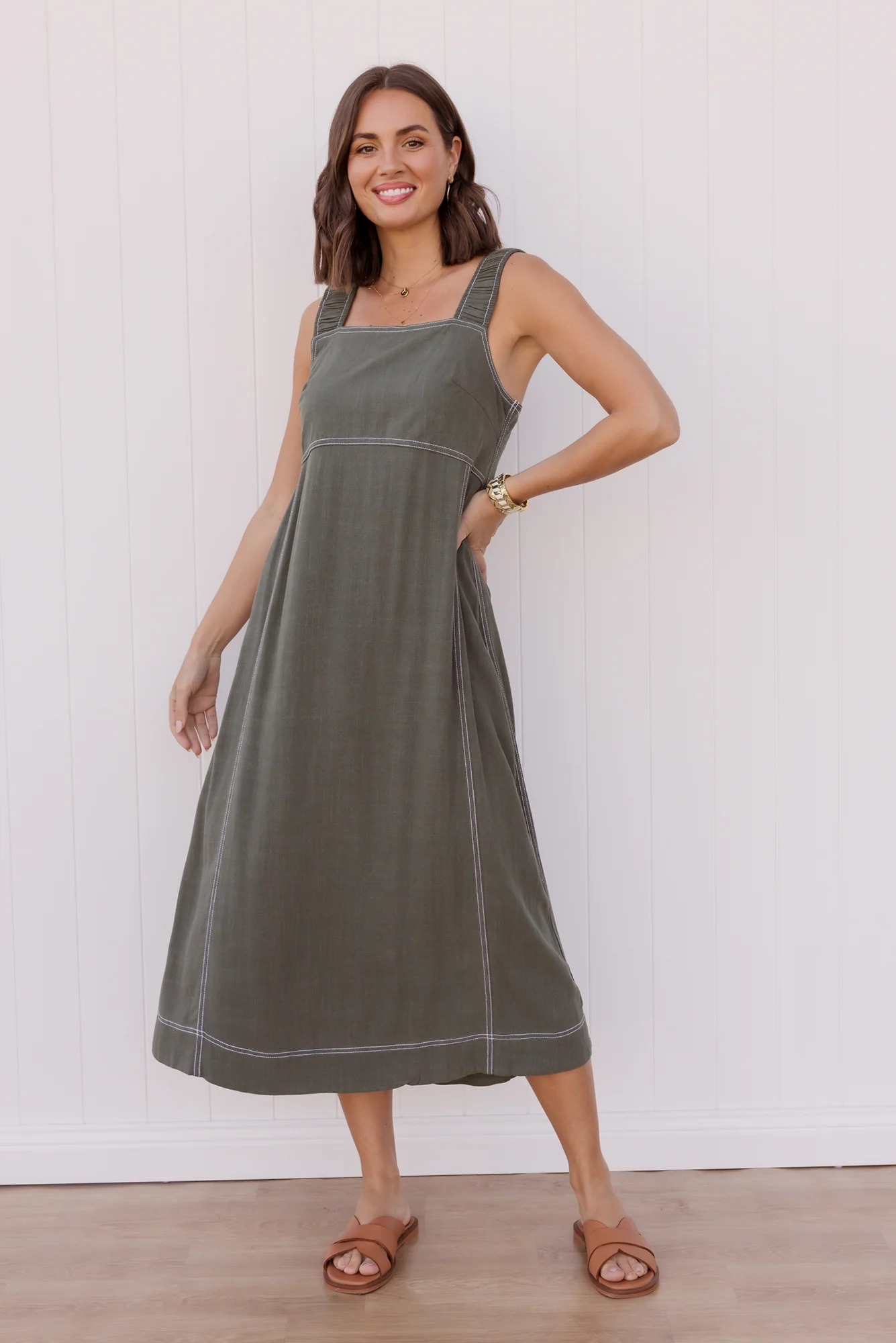 Saylor Khaki Contrast Linen Blend Dress