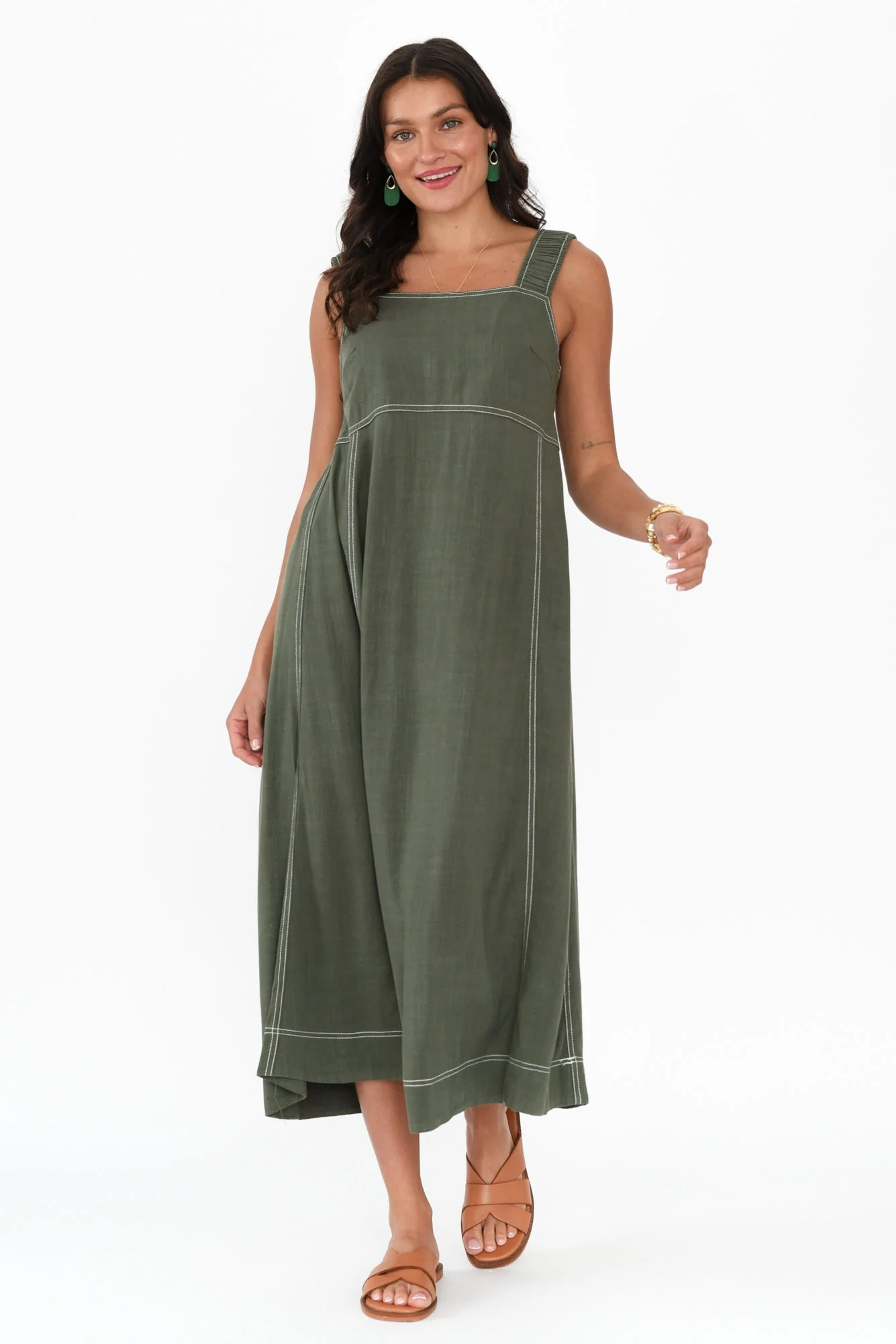 Saylor Khaki Contrast Linen Blend Dress - Image 2