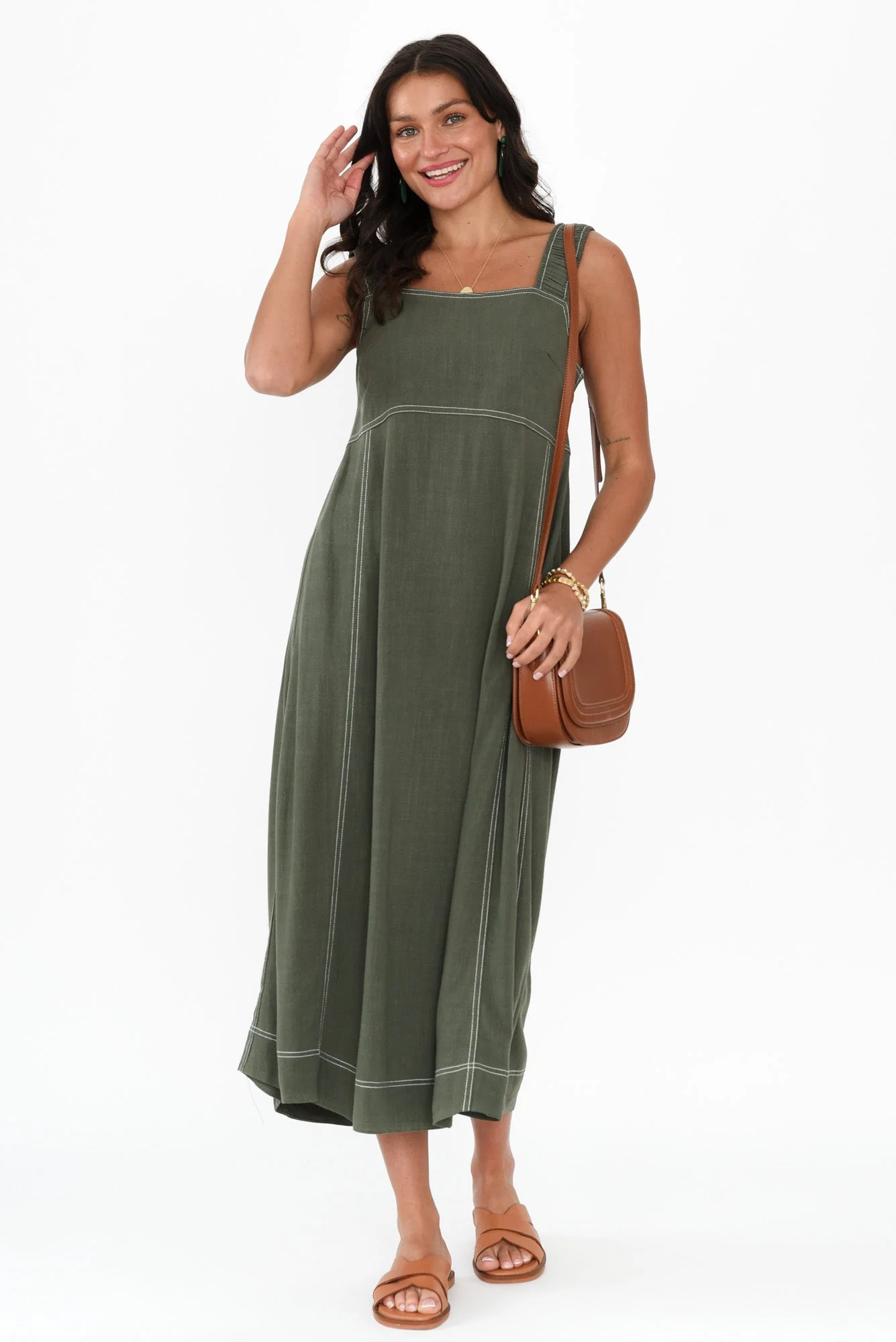 Saylor Khaki Contrast Linen Blend Dress - Image 3