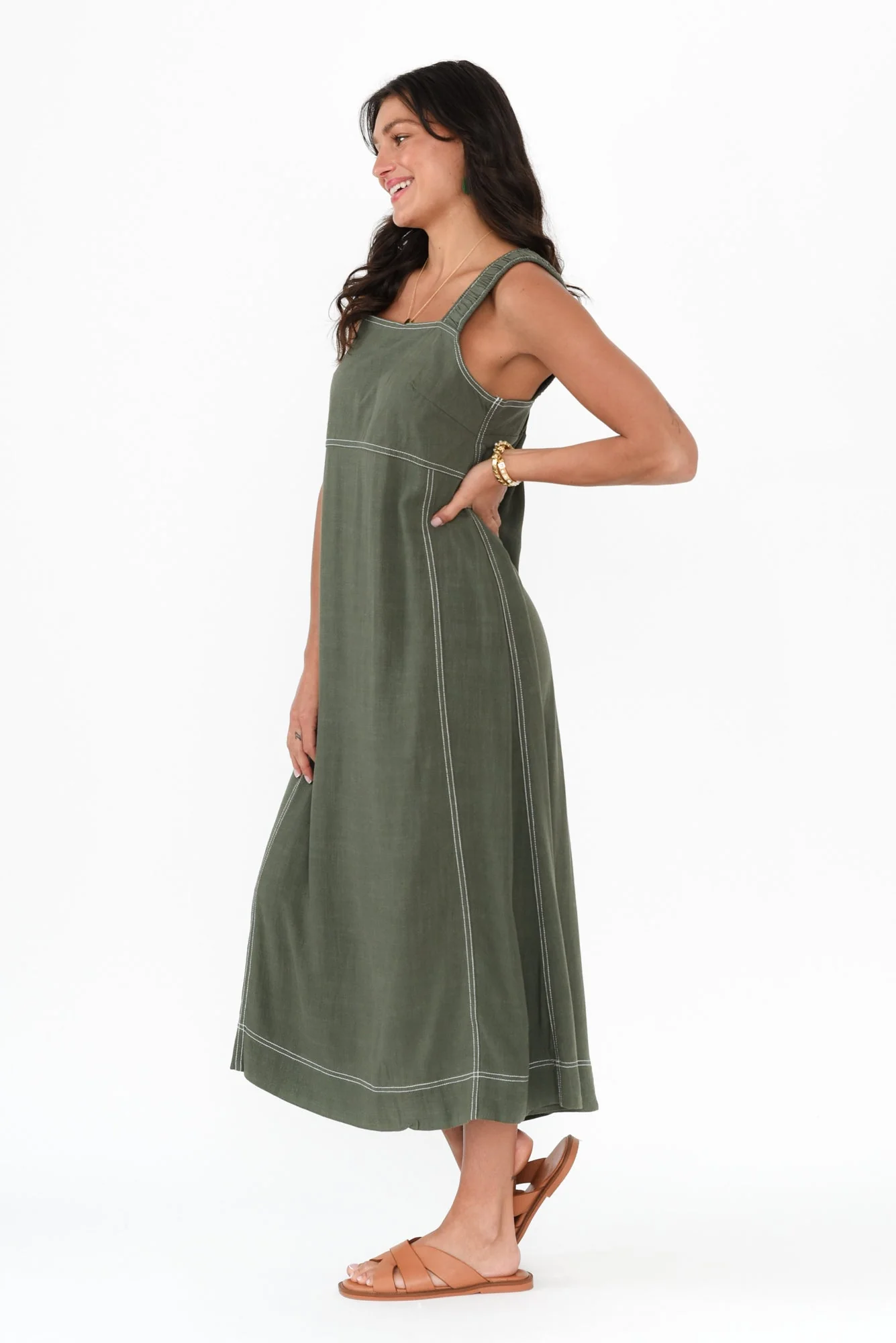 Saylor Khaki Contrast Linen Blend Dress - Image 4